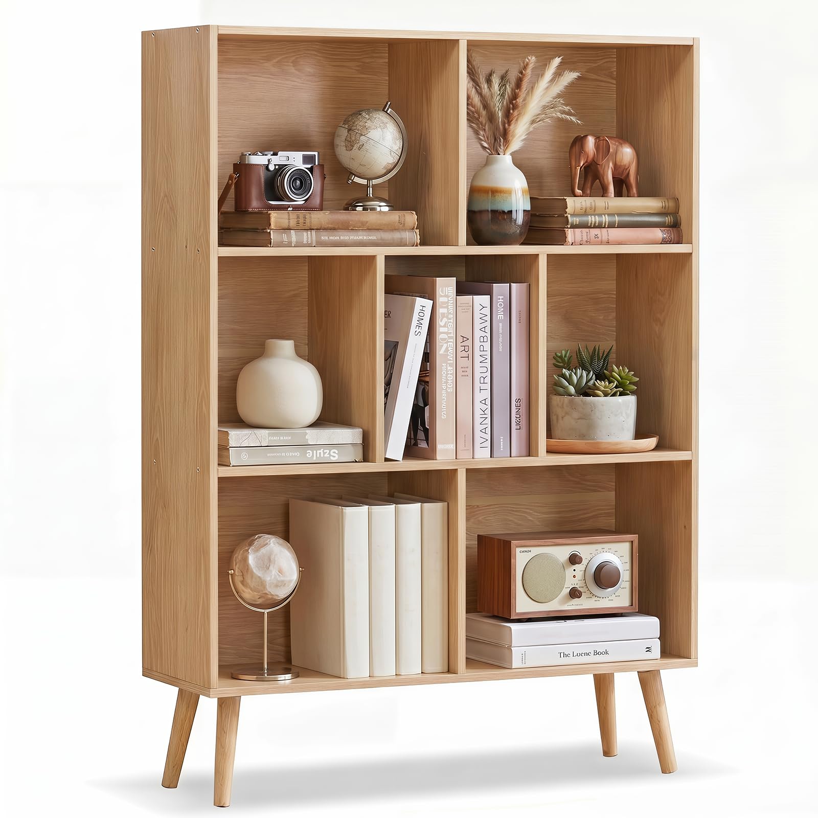 YAHARBO Natural Bookshelf,3 Tier Book Shelf with Legs, 7 Cube Minimalist Bookcase,Storage Organizer Shelves Display Bookcases for Bedroom,Living Room