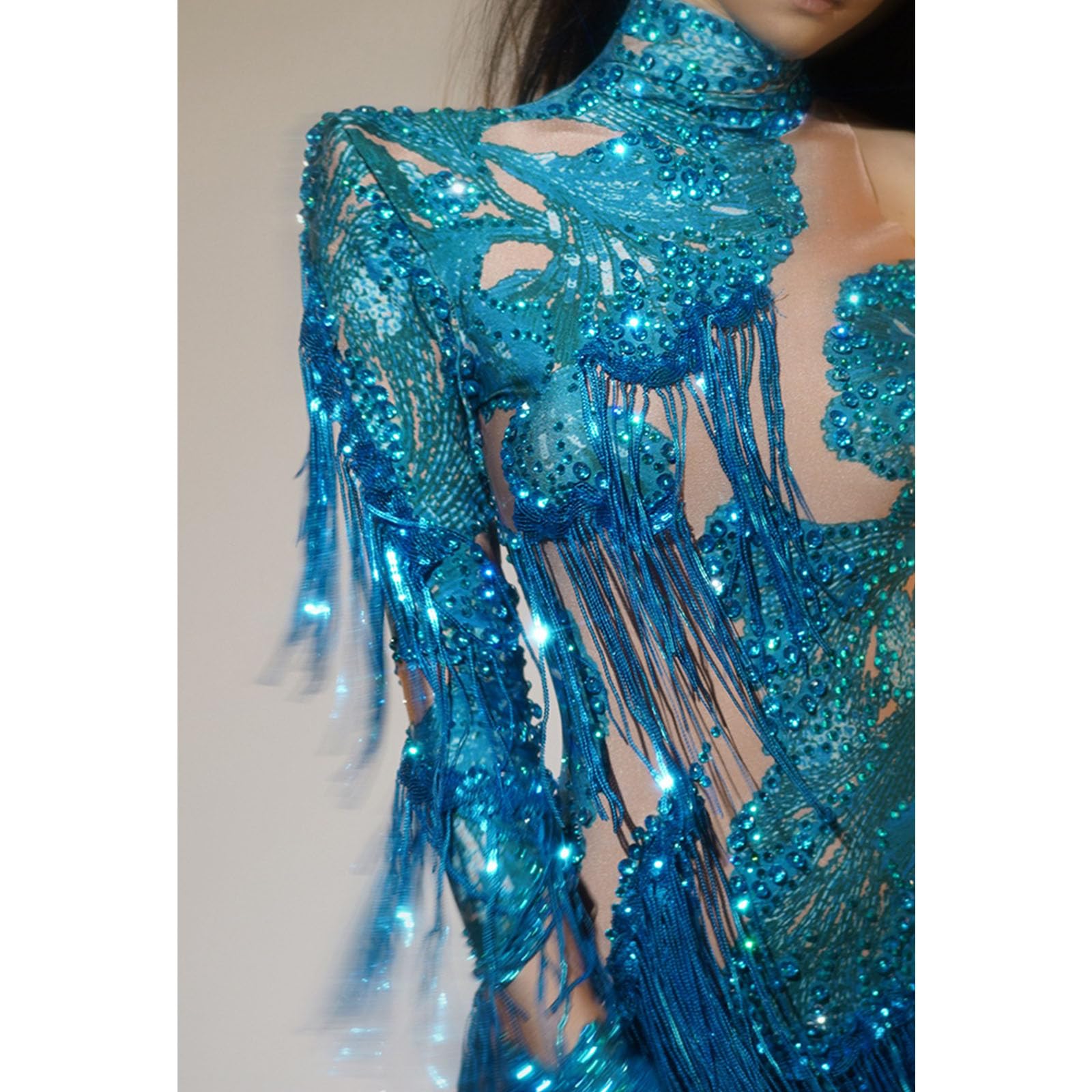 Skinny-Gymnastikanzug mit Strasssteinen, Quasten, glitzernde Fransen, Bodysuits, Akrobaten, Jazzs, Latein-Tanz-Kostüm, Raves-Outfits für Damen