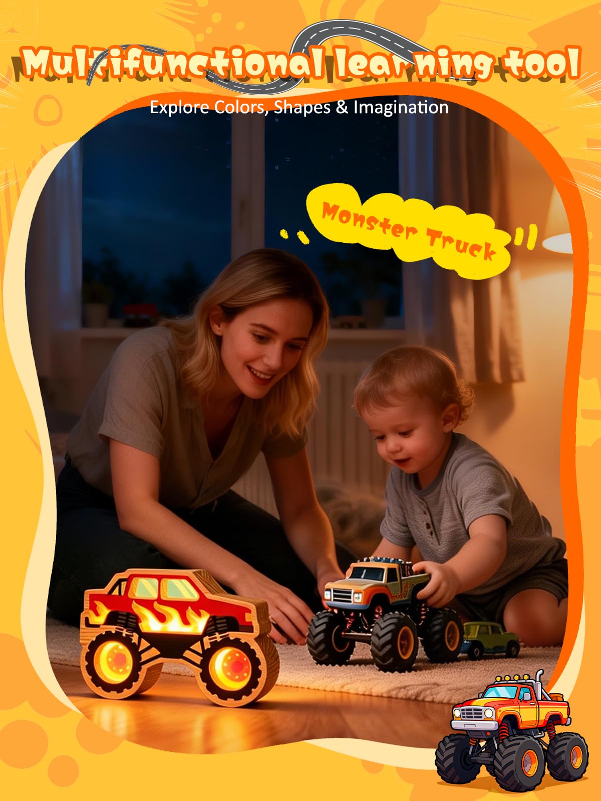 YuanDian Veilleuse en forme de camion monstre pour garçons de 4 à 7 ans, éclairage en bois en forme de voiture, décoration de table, bureau, chambre à coucher, idée cadeau pour garçons et enfants