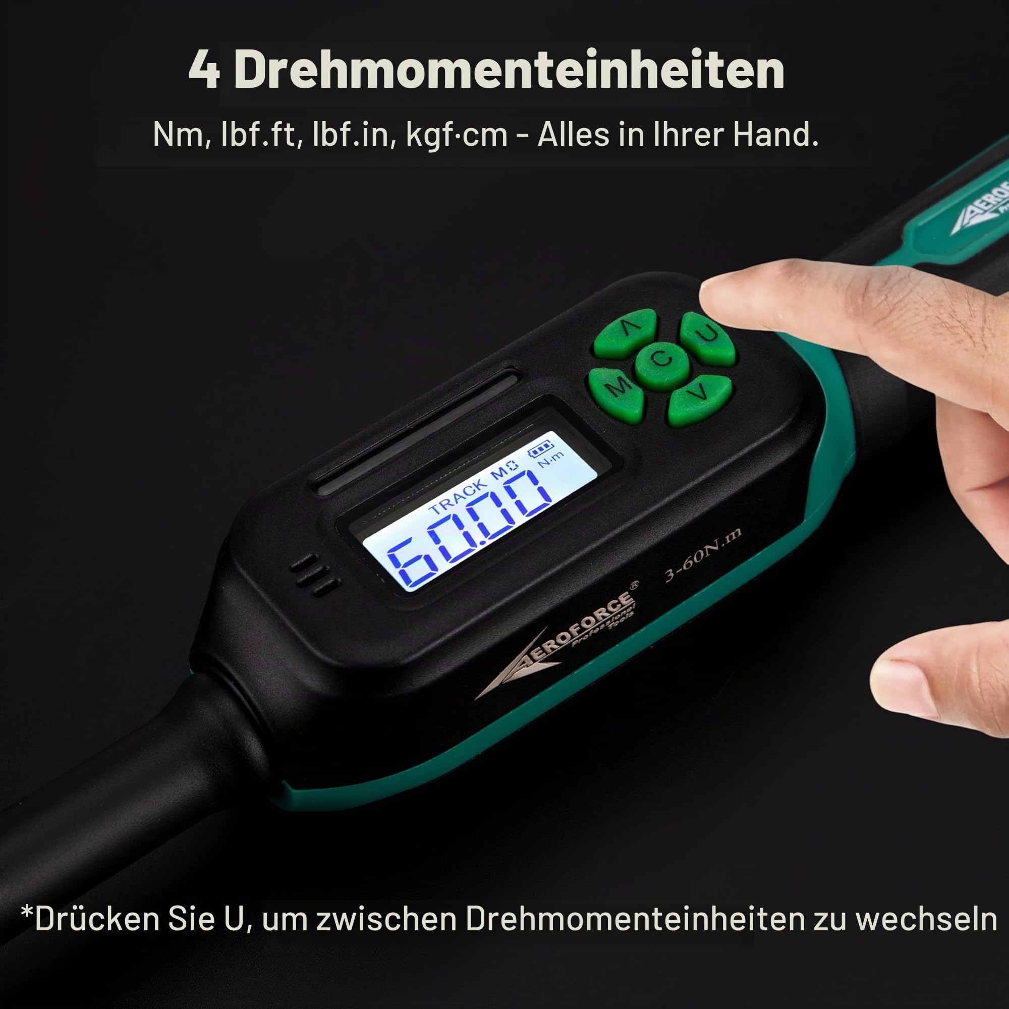 AEROFORCE Digitaler Drehmomentschlüssel - 3/8 Zoll Antrieb Elektrischer Drehmomentschlüssel (3-60Nm), mit bidirektionaler Ratsche, ±2% Genauigkeit, Summer- & LED-Alarmen, 4-Messeinheiten
