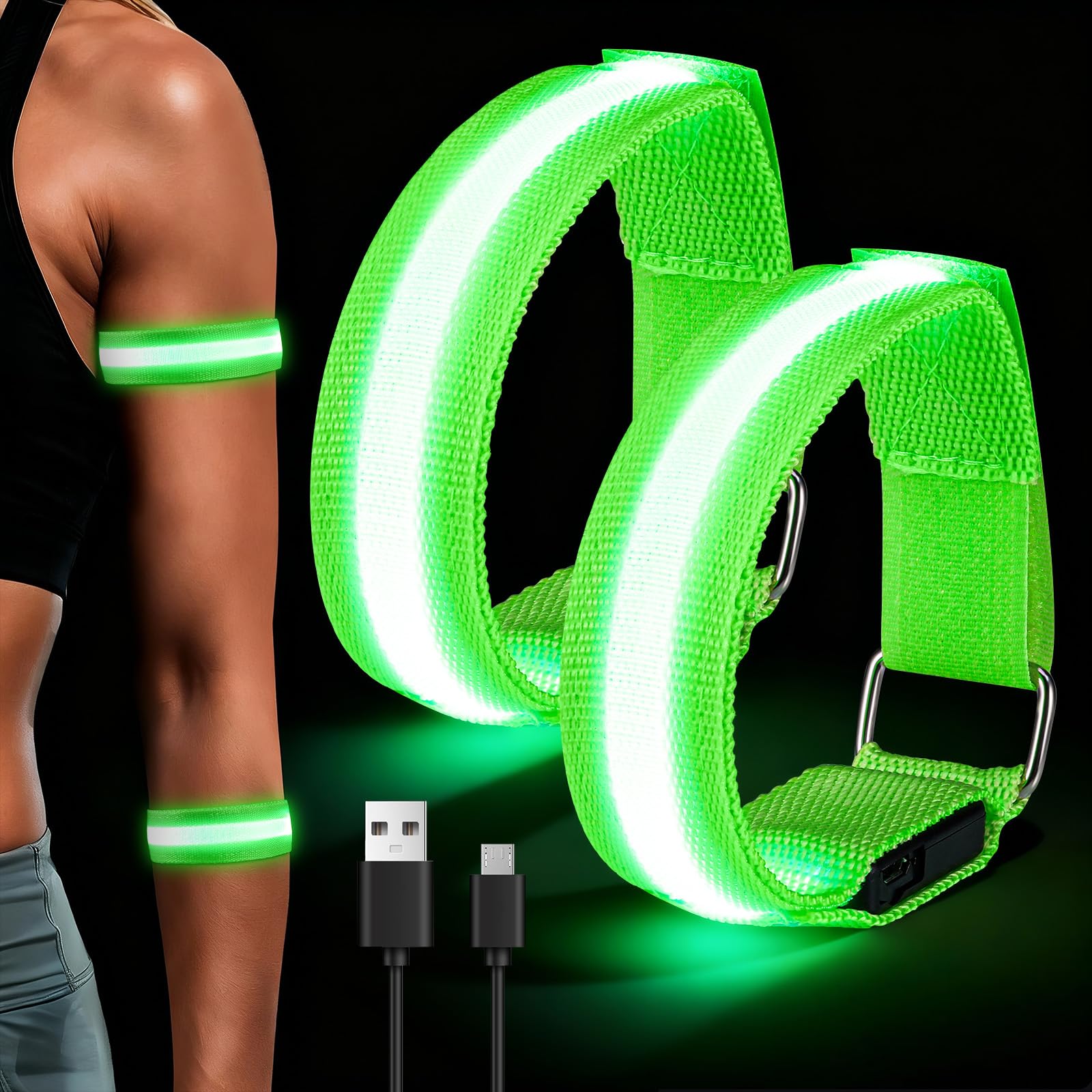 2Pcs LED Light Up Armbands Rechargeable, Reflective Running Gear(Green)
