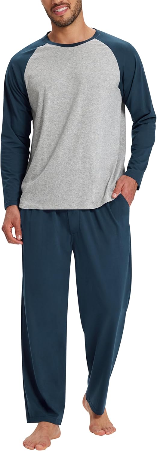 Men's Pajamas Set Soft Cotton Pjs Sets Long Sleeve Pullover Sleepwear Loungewear Set with Elastic Waist & Pockets - Image 2