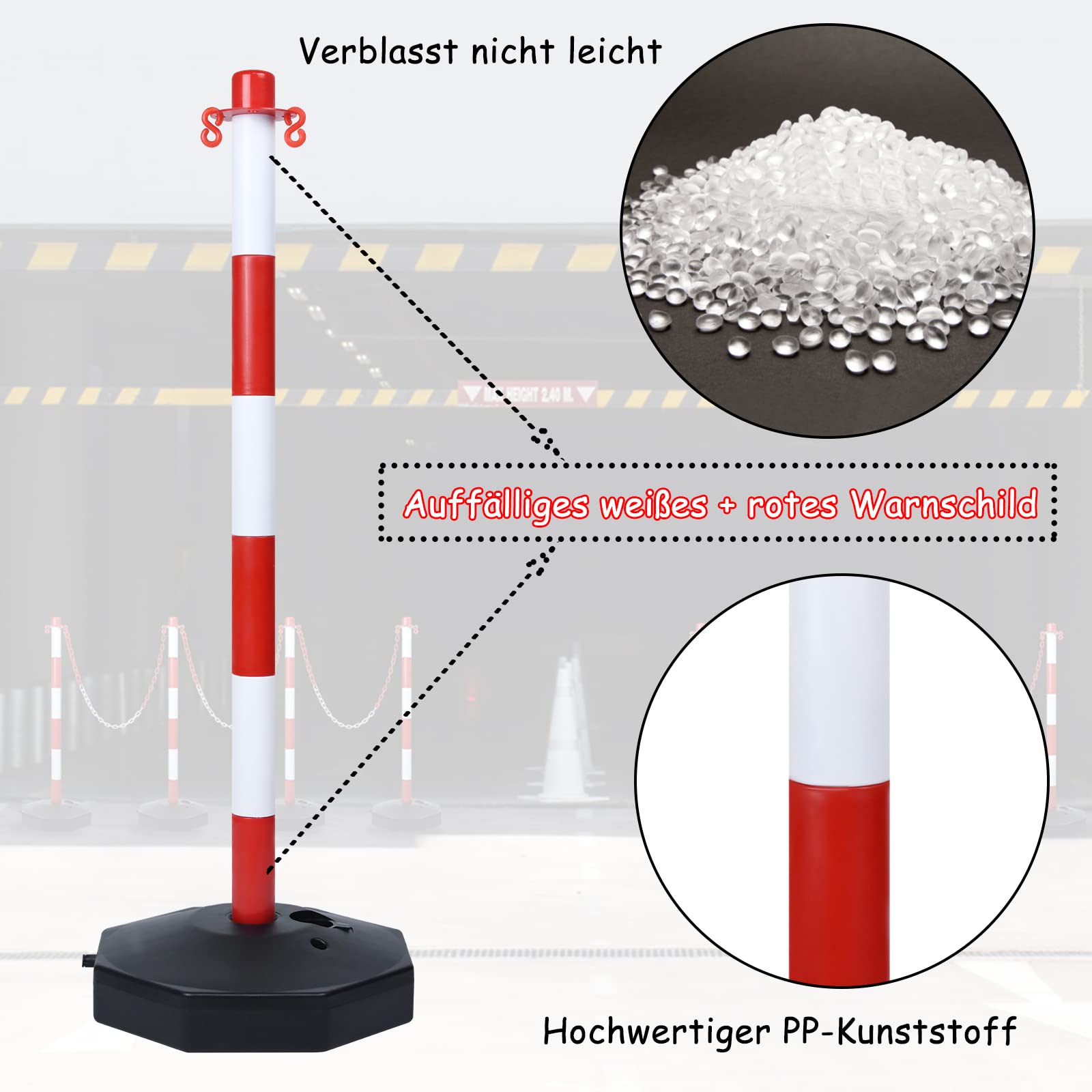 Poteaux de Barrière 2 pcs Potelets en Plastique avec Chaîne 140cm Poteau de Base PE PP 82cm Flexible Signalisation Cône Inclus Rouge+Blanc