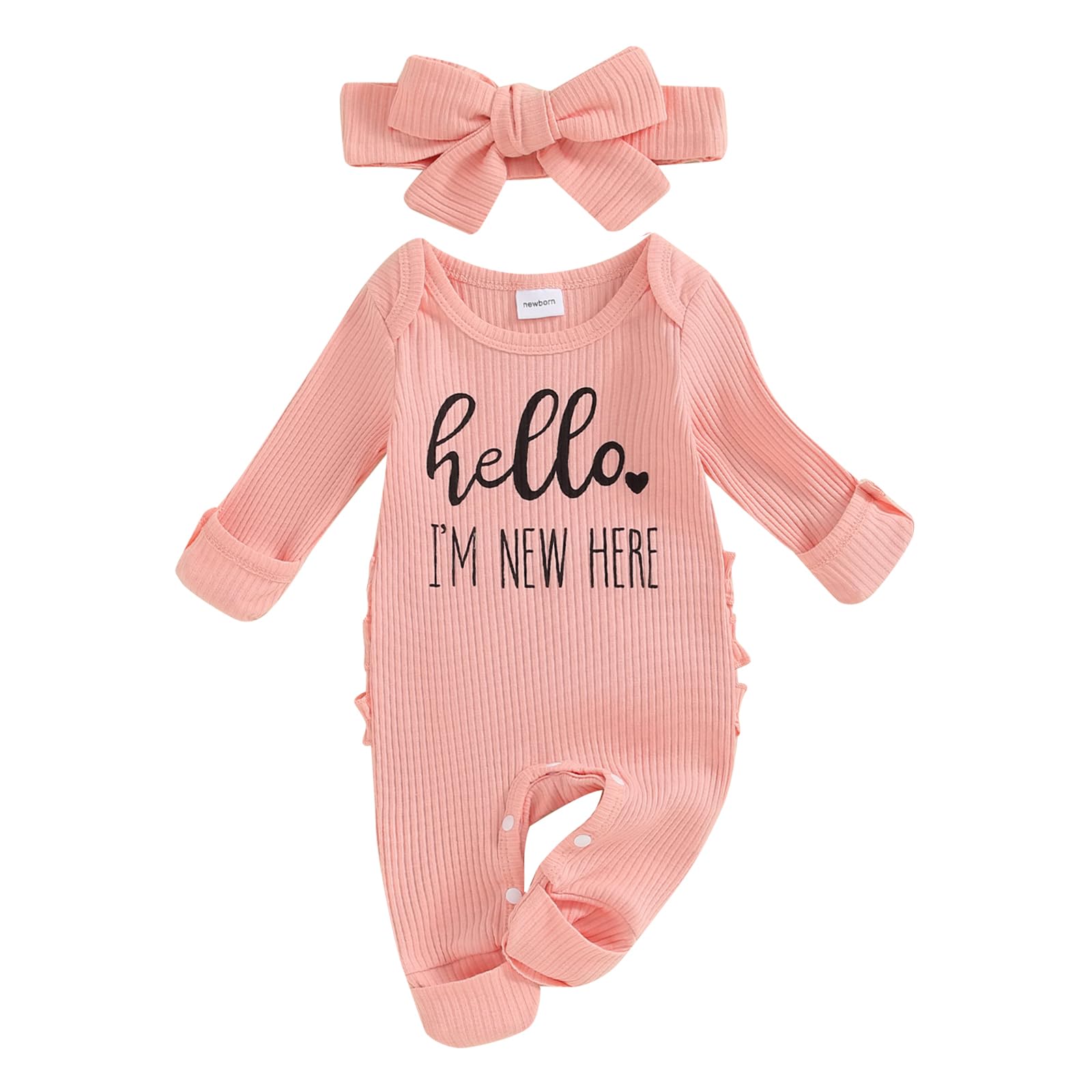 FYBITBO Preemie Girls Baby Clothes Im New Here Newborn Outfits Ribbed Knit Jumpsuit Romper Infant Going Home Outfit Girls (Hello Im New Here Pink, 0-3 Months)