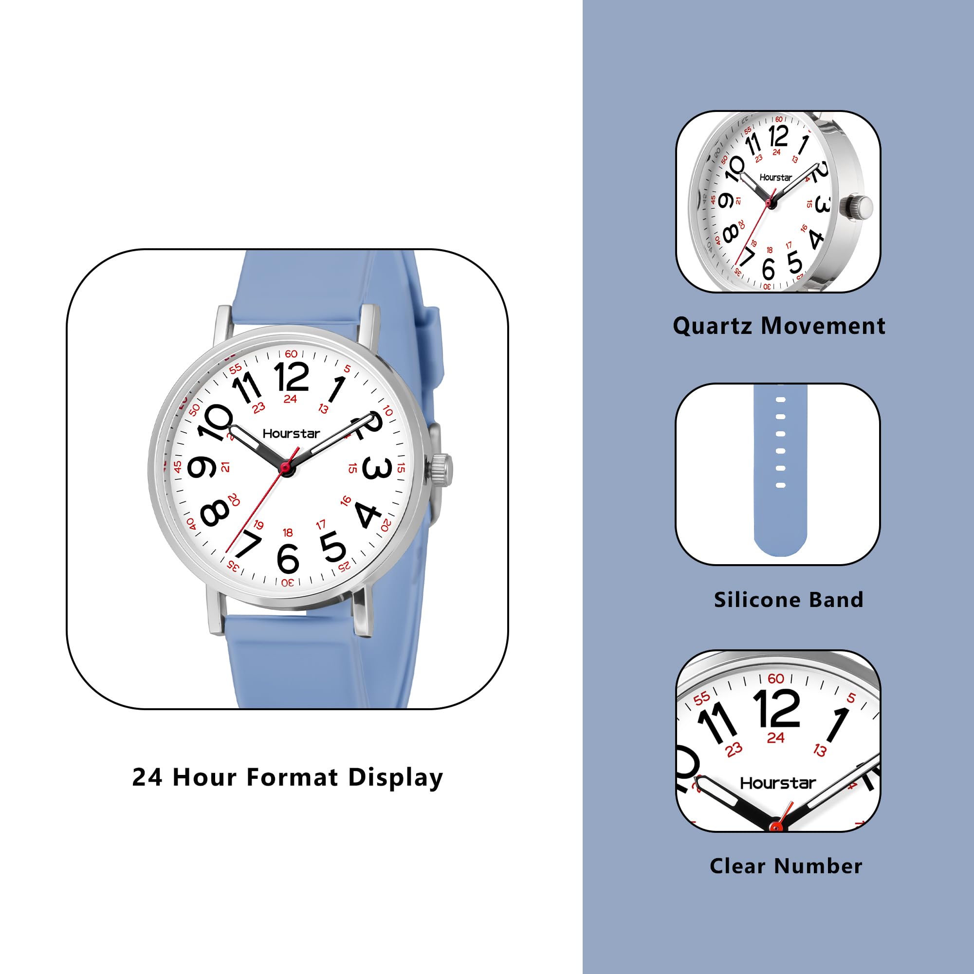 Damen Analog Krankenschwester Uhr mit Sekundenzeiger zum Stillen 12/24 Zeit Silikon Band Leicht Ablesen