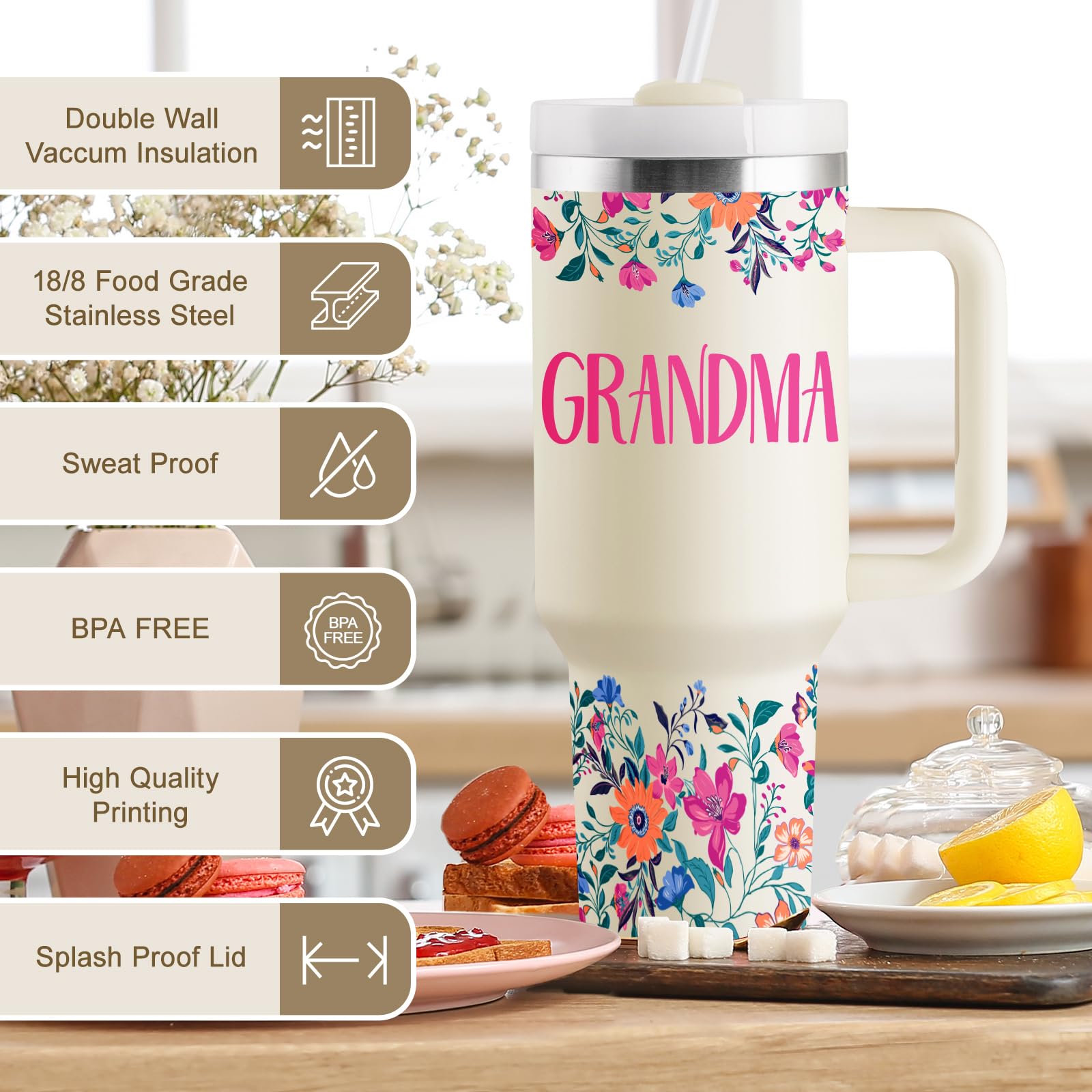 ROSTANTEN Grandma Gifts Birthday Gifts for Grandma Best Grandmother Gift from Granddaughter Grandson Grandkids for Mothers Day Christmas 40oz Travel Cup Insulated Tumbler with Lid & Straw