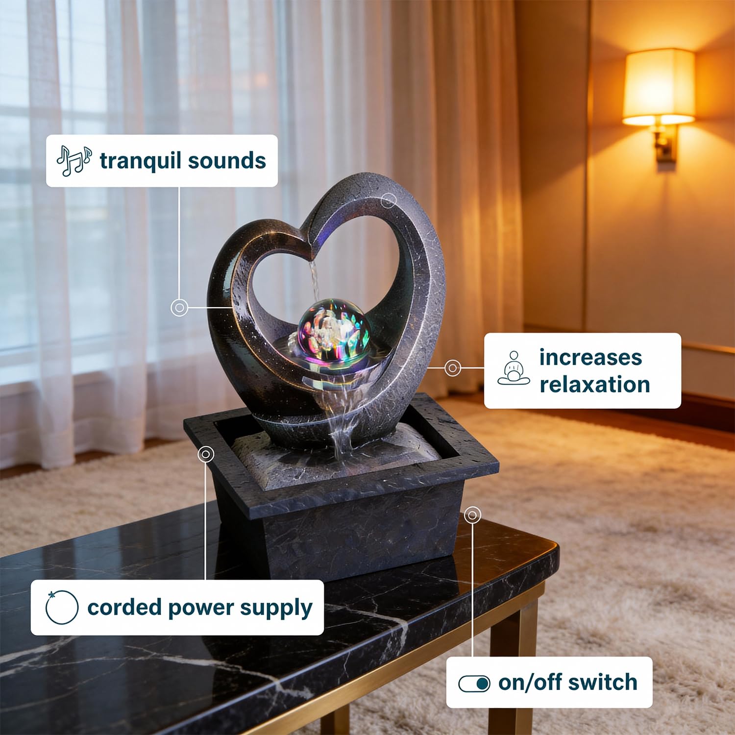 UNITEDESSENTIALINDOOR Tabletop Water Fountain, Zen Meditation Indoor Waterfall Fountain, Heart Shape Decoration with LED Light for Home Office Bedroom Relaxation Decor, Gift Ideas 5