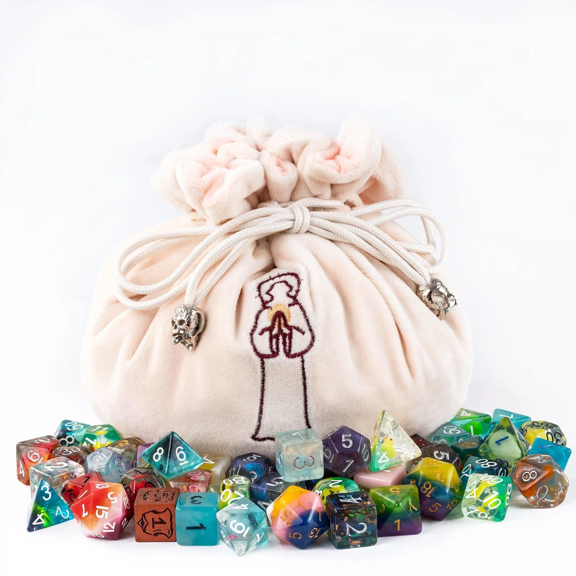 KSNDie Large DND Dice Bag with Pockets Beige Storage Bag with Drawstrings Cleric Pattern for D&D RPG Games (with 1lb Random Polyhedral Dice) — image 1