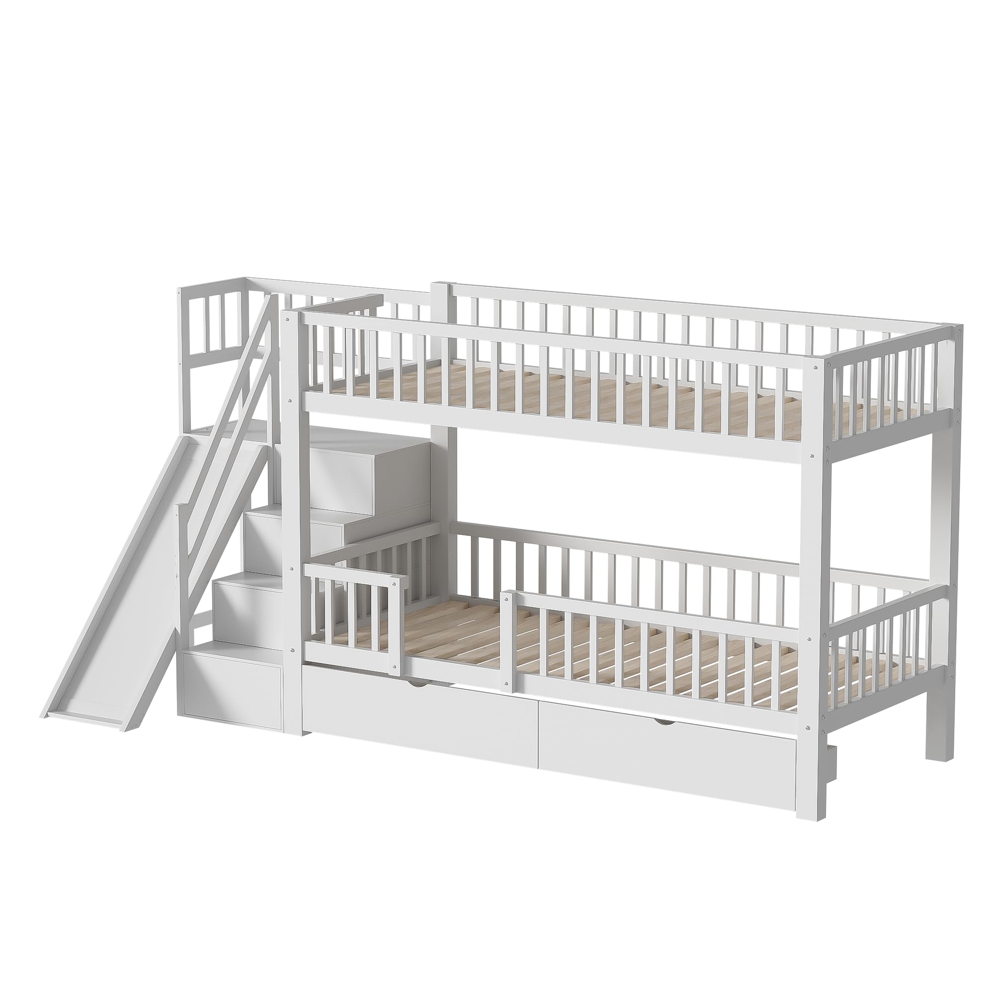 Etagenbett Kinderbett 90x200 für 2 Kinder, Hochbett mit Treppe&Rutsche&2 Schubladen, Funktionsbett Holzbett Stockbett Spielbett Jugendbett Bettgestell mit Rausfallschutz&Lattenrost,Ohne Matratze,Weiß