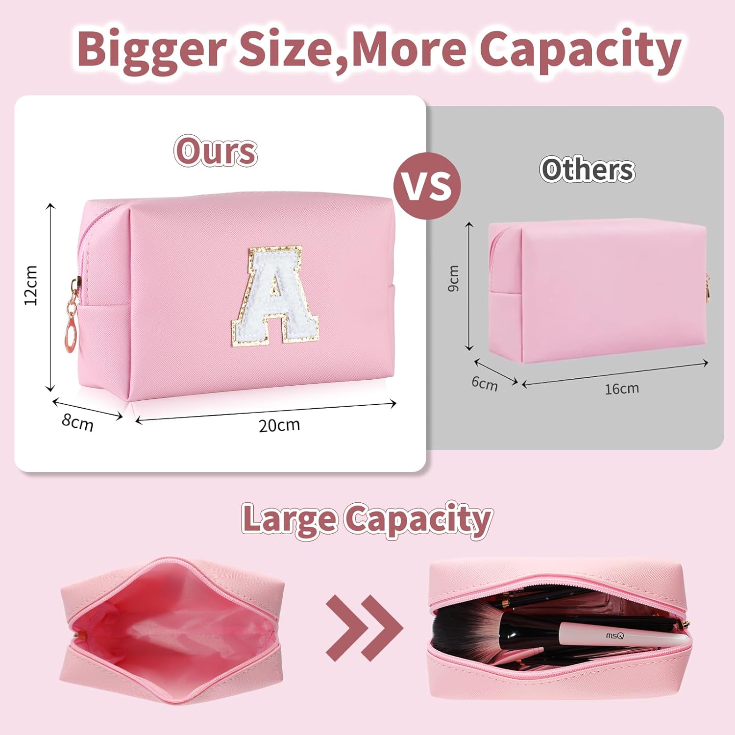 MSQ Personalized Makeup Bag Initial A-Z Patch Bag, PU Leather Cosmetic Bag Pouch Travel Toiletry Bag with Zipper, Gift Ideal for Teen Girls Friend Mom Women Birthday(Pink A) - Image 7