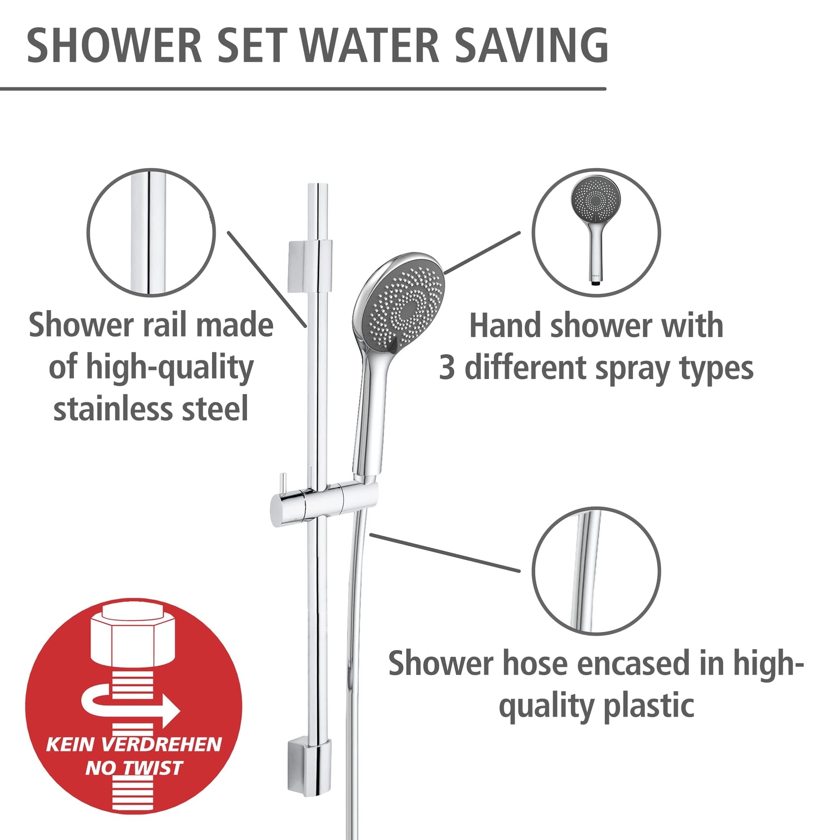 WENKO Set de ducha Watersaving, barra de ducha de acero inoxidable, cabezal con 3 tipos de chorro y flexo de ducha, apto para calentadores de agua, conexión universal de ½", 70 cm, cromado