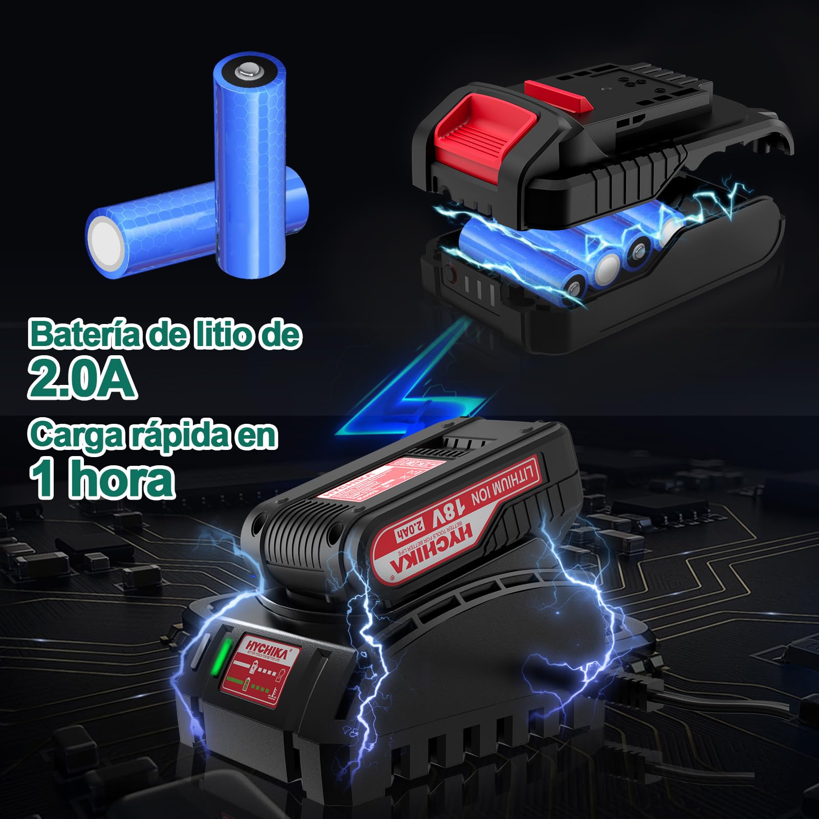 HYCHIKA Taladro Percutor Atornillador 18V 45Nm, Taladro Percutor con 2.0 Ah Batería, 27 Accesorios, 21+3 Ajustes de Par, 2 velocidades ajustables,Cargador Rápido, Para Reparaciones en El Hogar