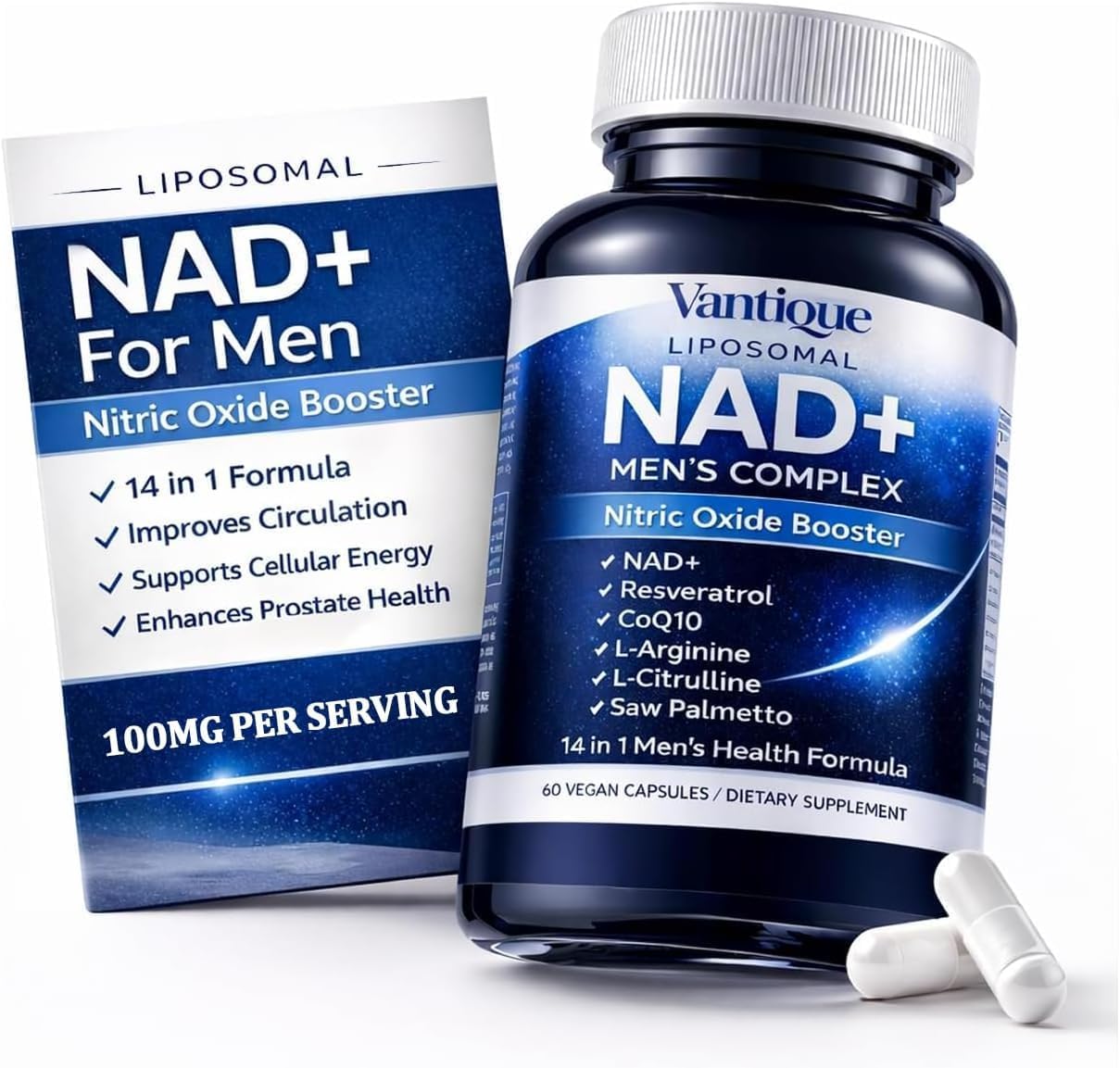 Vantique Men's NAD+ Supplement with Resveratrol, CoQ10, L-Citrulline & Lycopene - Nitric Oxide Support, Prostate Care, Anti-Aging, Stamina & Cellular Energy Boost 60 Capsules