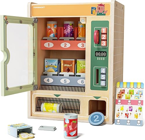 TOP BRIGHT Juego de máquina expendedora de madera, comida para niños, juguetes de simulación con barras de madera y latas de bebidas, juguetes