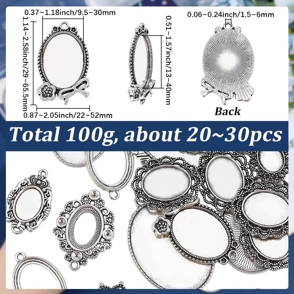 SUNNYCLUE 1 Box About 100G Silver Bezel Pendant Bezel Pendant Blanks Tibetan Alloy Oval Base Cabochon Trays Settings Cameo Pattern Dangle Pendants for DIY Craft Photo Jewelry Making Bouquet Necklace image 2