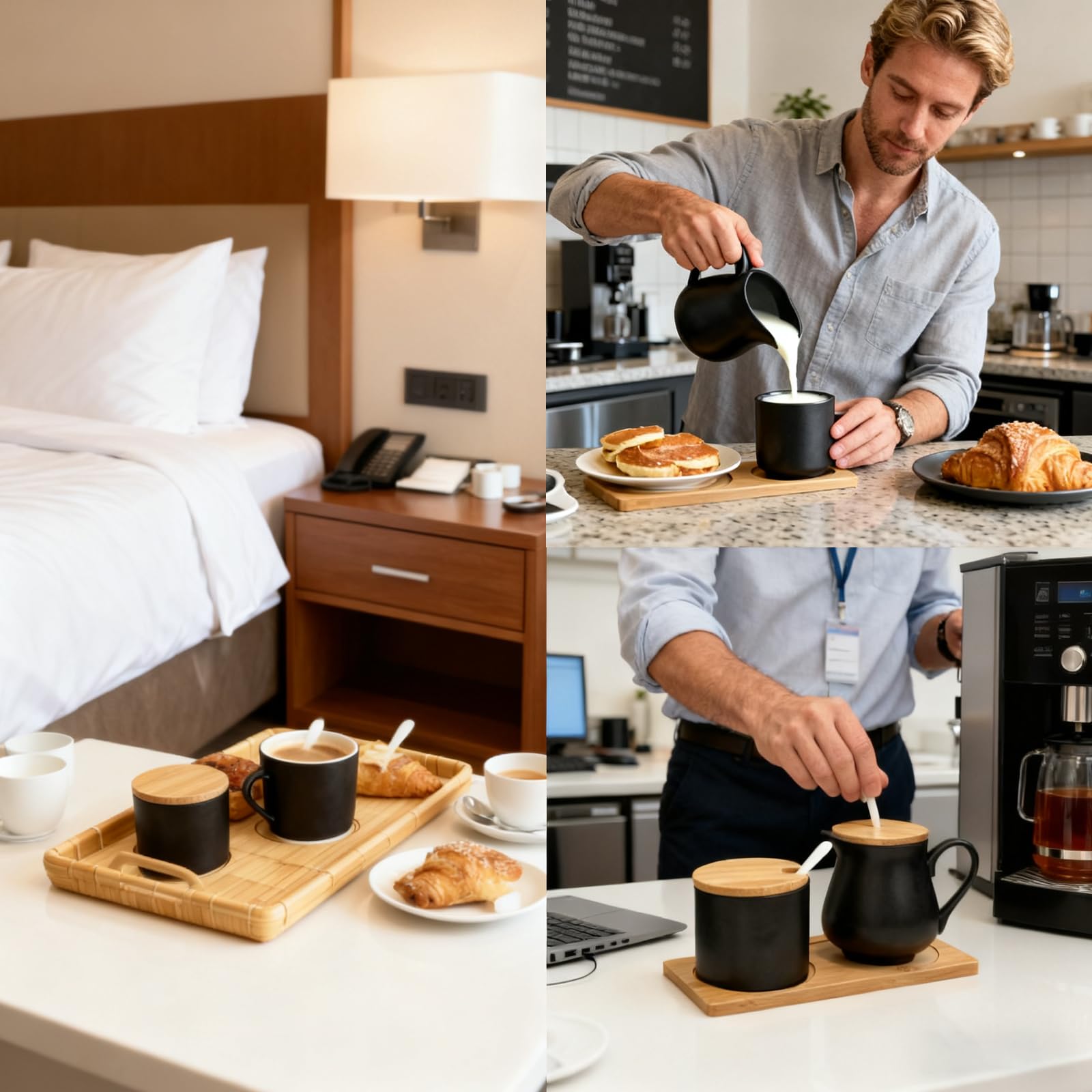 PORFOYO Juego de leche y azúcar con tapa y cuchara, jarra de leche de cerámica con bandeja de madera, azucarero barista, juego de azúcar y crema, apto para lavavajillas y microondas, color negro