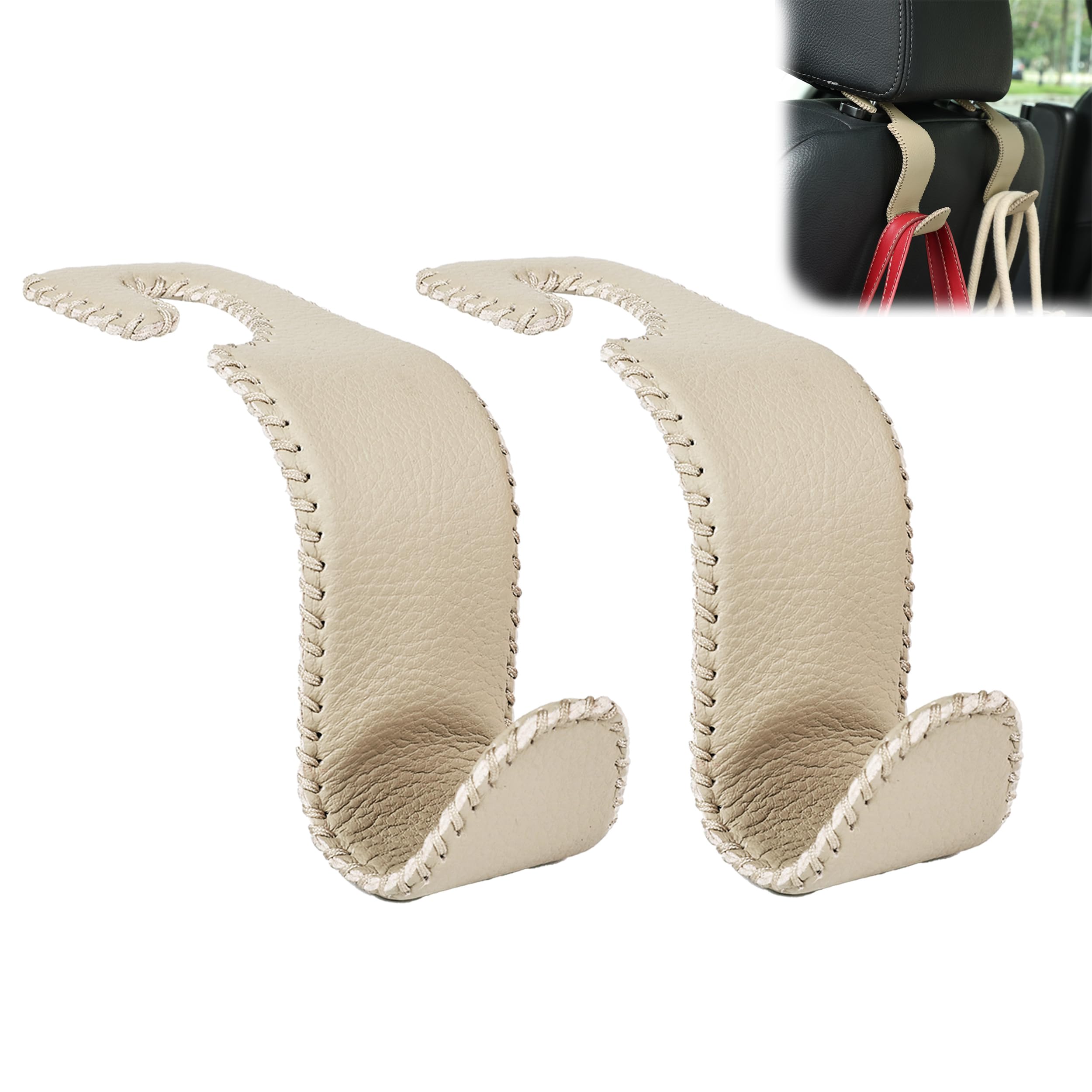 Amooca Car Seat Headrest Hook Universal Vehicle Storage Hanger Leather with Metal Car Seat Back Organizer for Handbag Purse Coat Beige 2 Pack