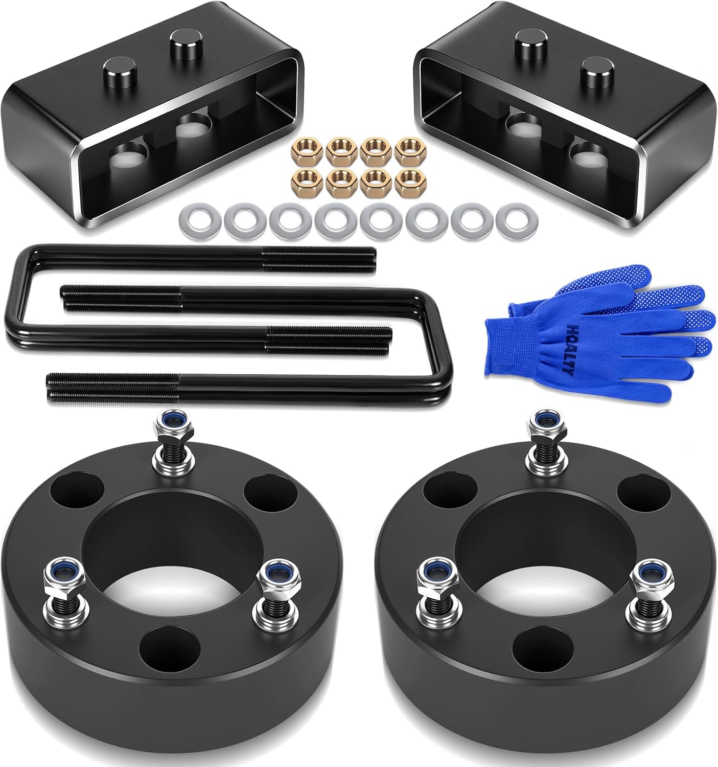 3'' Front and 2'' Rear Leveling Lift Kit for 2004-2024 Ford F150 2WD/4WD Strut Spacers Leveling Kits with Black Spacers U-Bolts and Lift Blocks