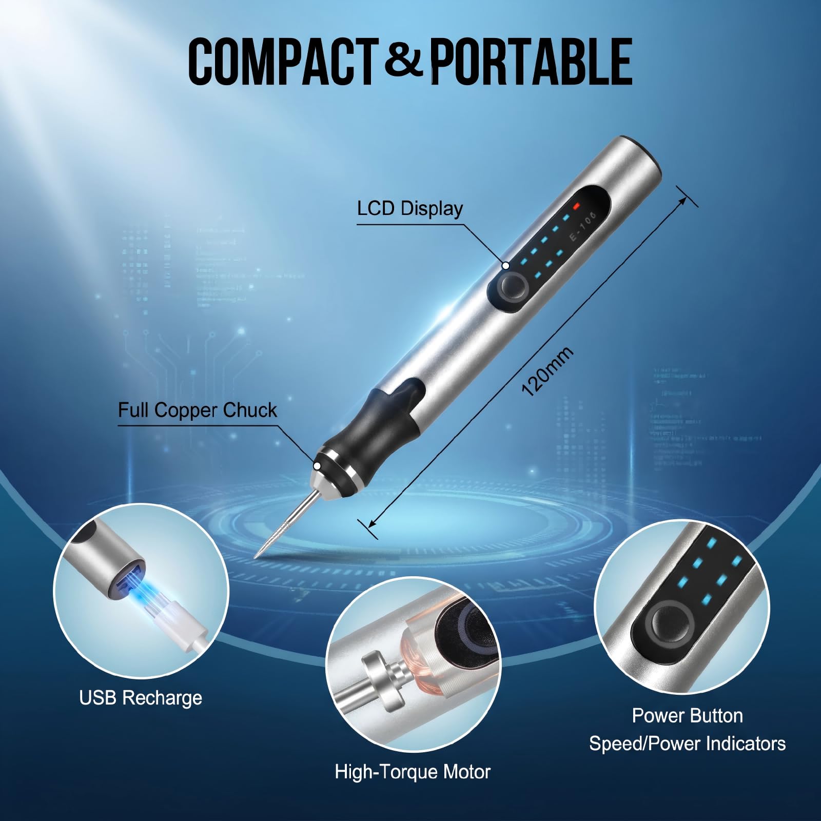 Penna Incisione Elettrica Ricaricabile 3 Velocità 5000-18000 giri/min USB-C 37 Accessori + 16 Stencil Legno Vetro Metallo Pietra