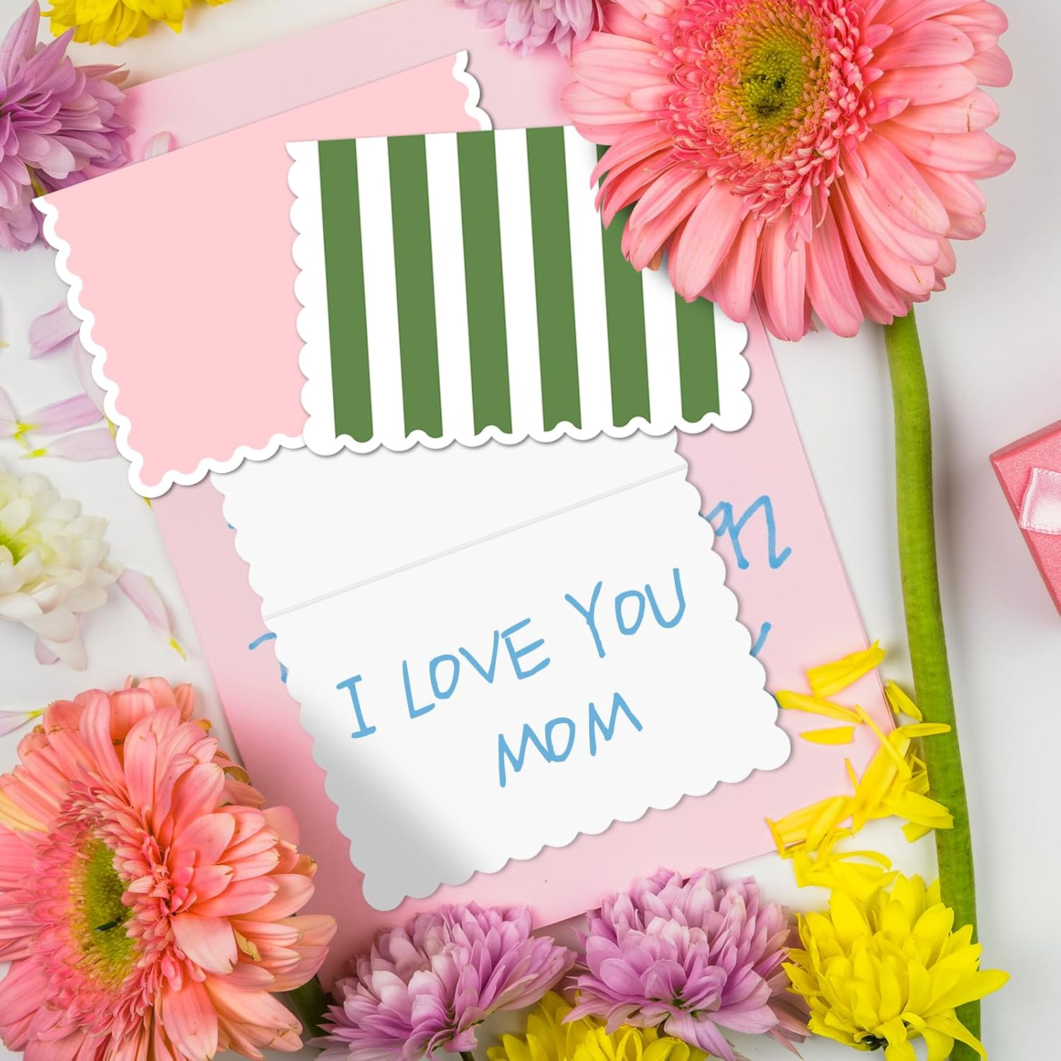 AZAZA Blank Cards and Envelopes 12 Pack Baby Shower Thank You Cards, 3.5x5 Mini Striped Greeting Cards with Envelopes for Small Business, Wedding, Bridal shower (Pink and Green) - Image 2