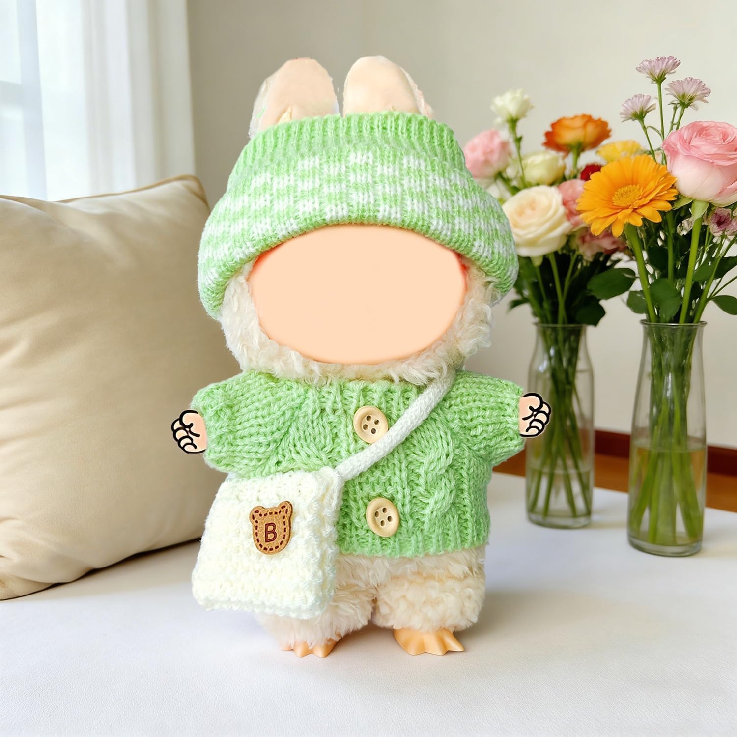 17cm Doll Clothes Set for Lububu, Designer Hand-Crocheted Green Sweater Outfit with Hat & Backpack，Cute Ropa Clothing and Accessories for 15cm Have a Seat Series Dolls Display and Dress-Up