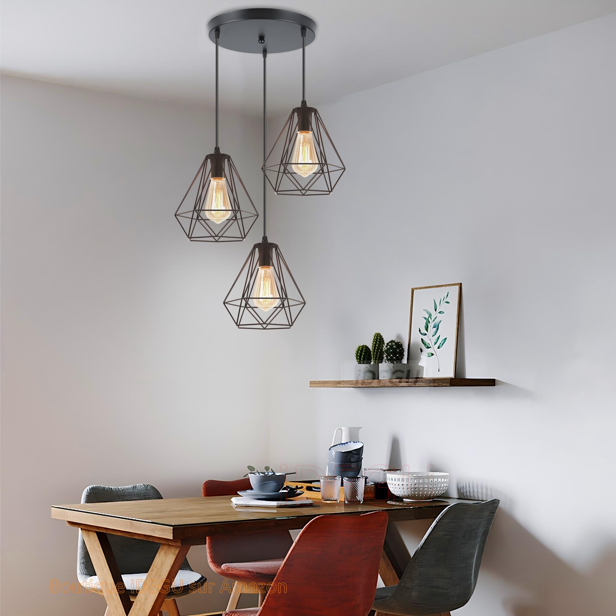 IDEGU 3-flammige Hängeleuchte Im Industrie-Design – Vintage Pendelleuchte Mit Metallkäfig, E27 Fassung, Schwarz | Für Küche, Bar, Wohnzimmer