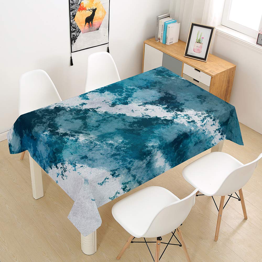 Fansu Teal Waterproof Table Cloths, Rectangle Washable Tablecloth Stain-Resistant 3D Abstract Watercolor Print Oil-Proof Outdoor Table Cover For Casual Kitchen Party Garden Dinning (,140X200cm)