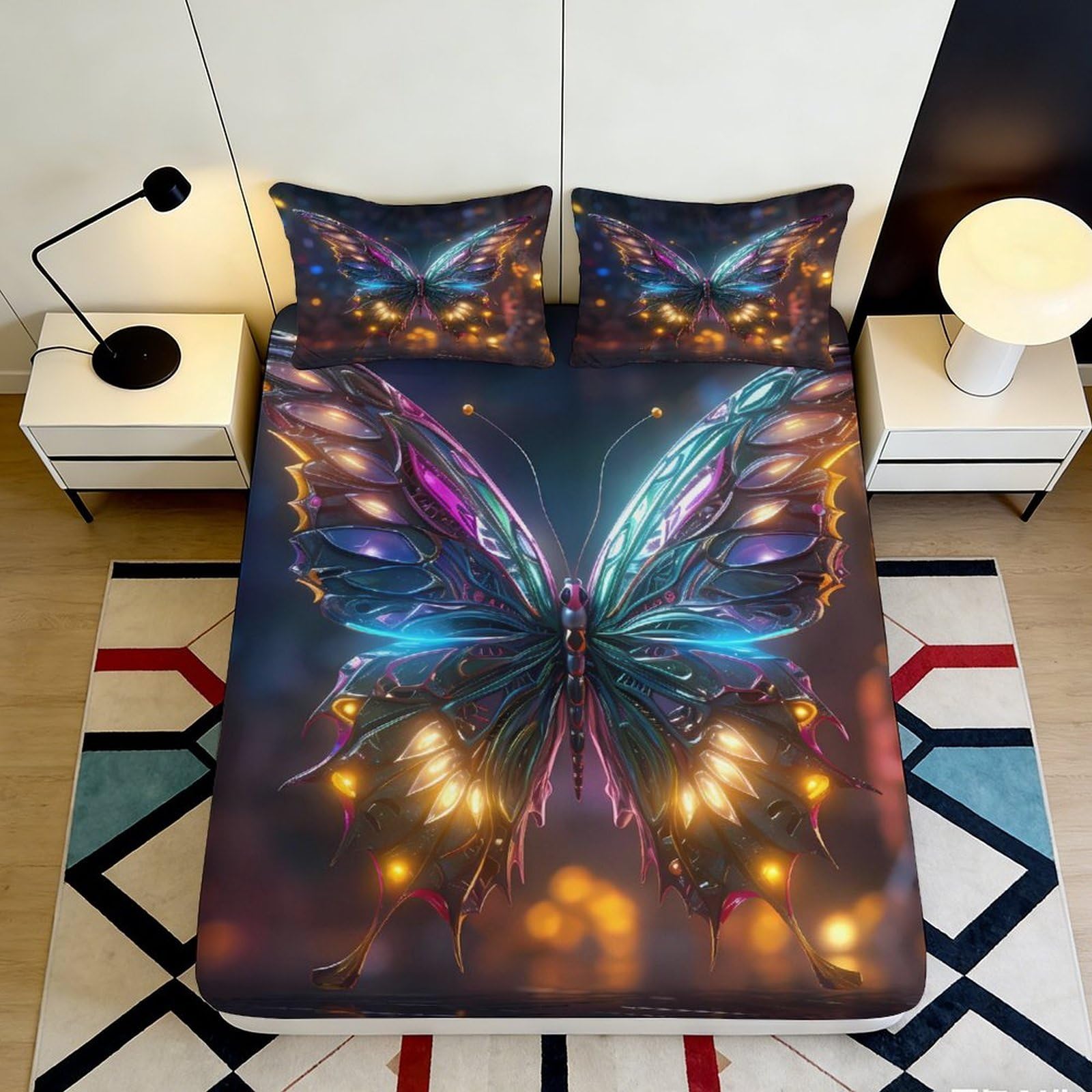 3D Printed Fantasy Butterfly Fitted Sheet Microfiber Soft Vibrant Dream Lights Mattress Cover for Bedroom Dorm Decor 200x200x25cm