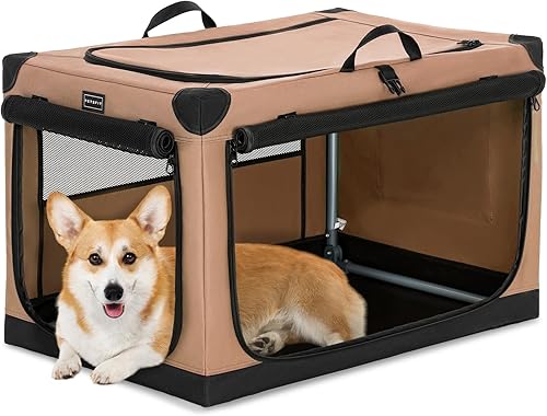 Vista 90 de PETSFIT Jaula plegable para perros, con cubierta de tela ajustable patentada, puertas de malla a prueba de mordeduras y con bloqueo, base Gris