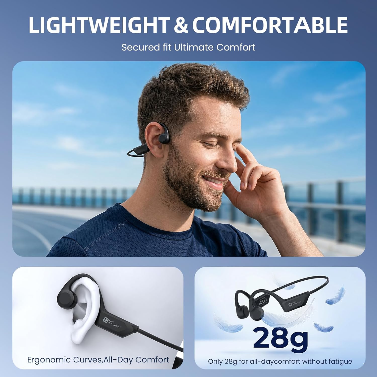 HIFI WALKER Bone Conduction Headphones Wireless Bluetooth 6.0, IPX5 Sweat Resistant Open Ear Headphones, 18Hrs Playing Time, Lightweight Comfort Sports Earbuds for Running, Cycling, Workouts