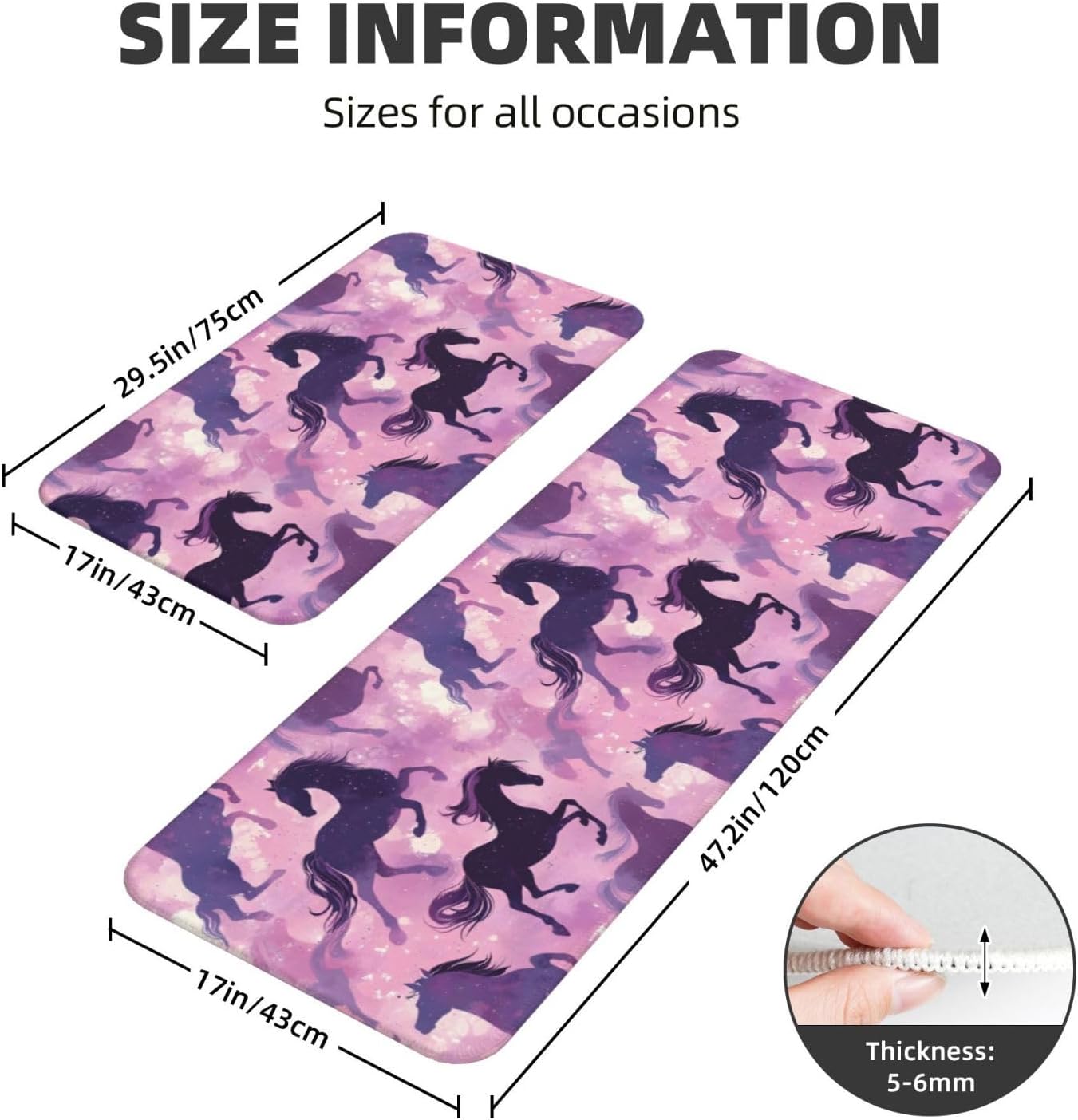 Purple Horse Print Kitchen Rugs Sets of 2 Non Slip Washable, Anti Fatigue Kitchen Mats for Floor, Home Decor