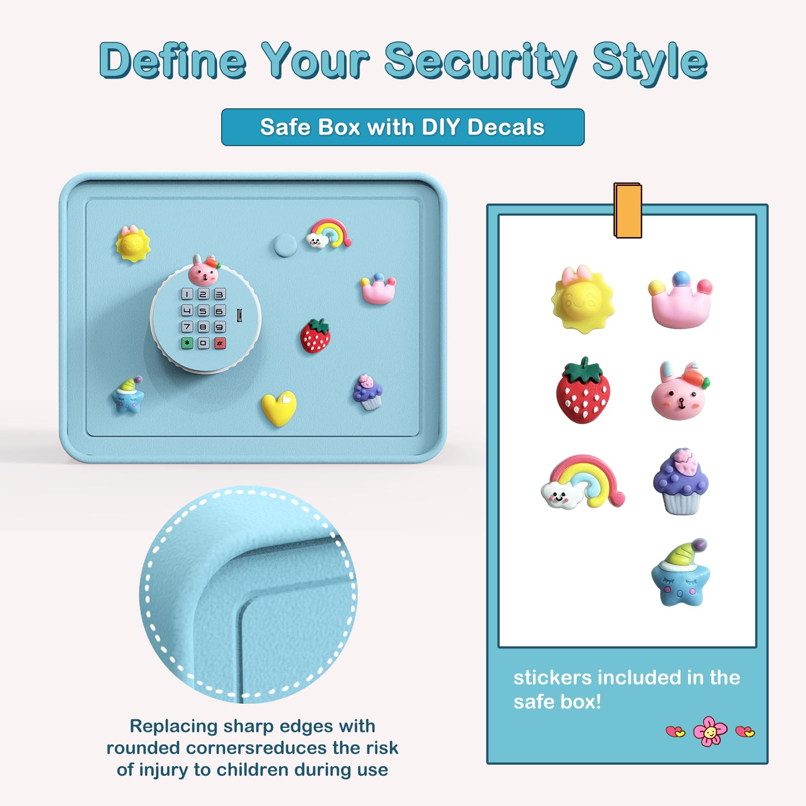 GoldenKey Mini coffre-fort pour enfants – Macaron bleu 17,8 x 23,9 x 16 cm – Coffre-fort avec fente pour pièces de monnaie et billets, clavier et serrure à clé, sauvegarde USB, autocollants de