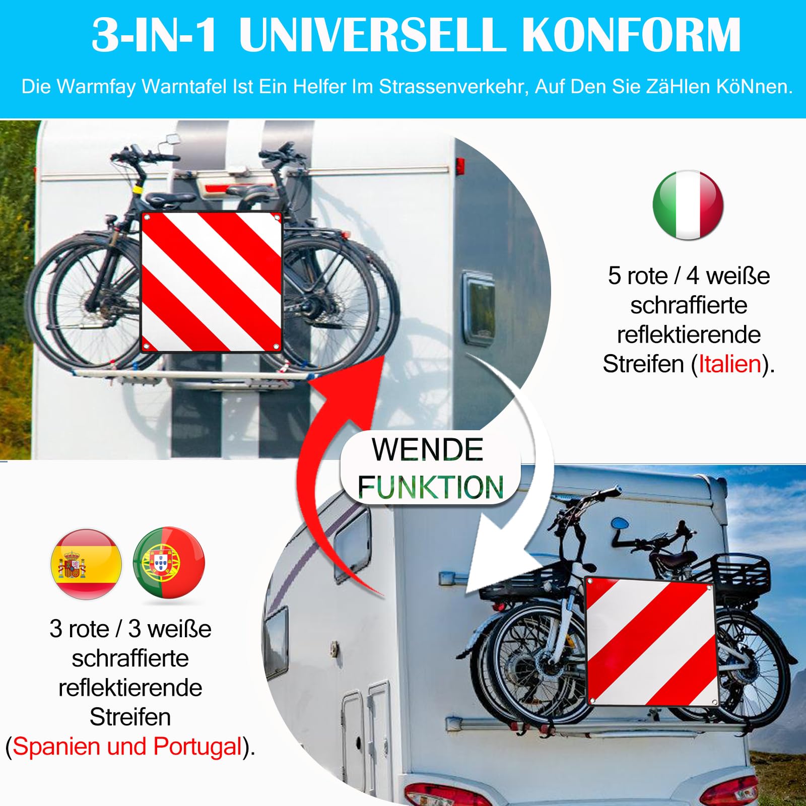 2 Stück Alu Warntafel für Italien Spanien Portugal, 3 In 1 Reflektierend Warnschild 50x50CM mit Spannseile & Eckenschützer, Zertifizierte für Fahrradträger Heckträger Anhänger Auto Wohnmobil