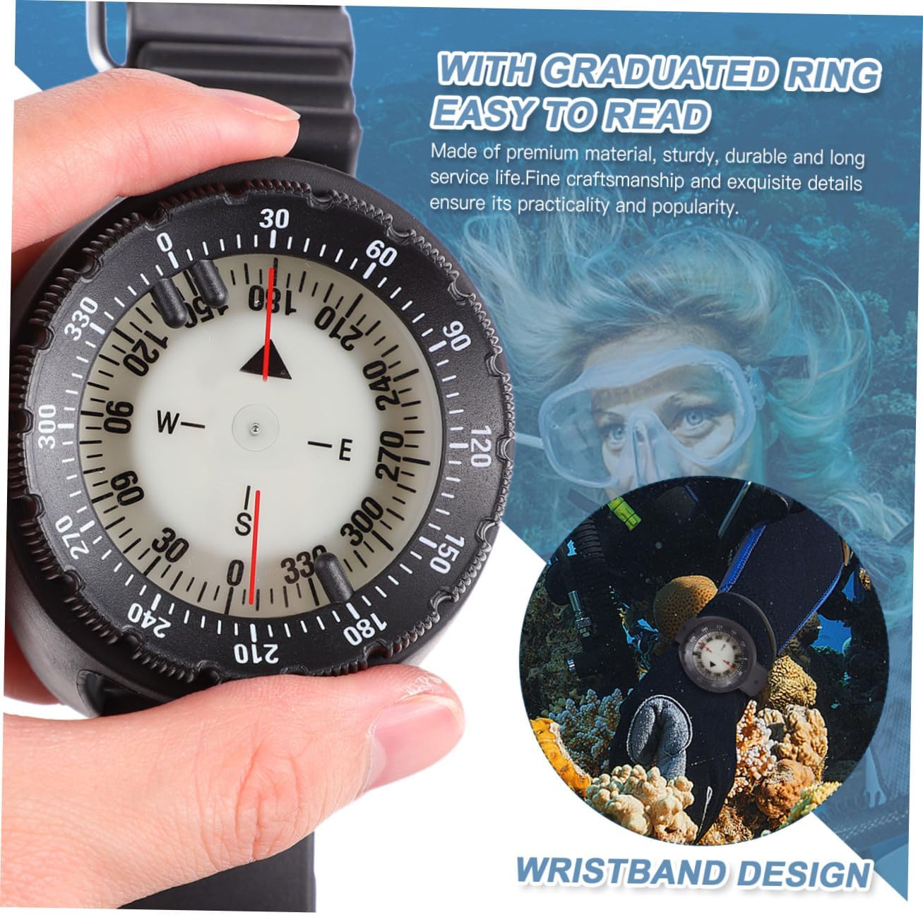STOBAZA Mini Waterproof Outdoor Wristband Compass with Luminous Dial, Black Hiking Watch Strap Compass for Camping and Navigation