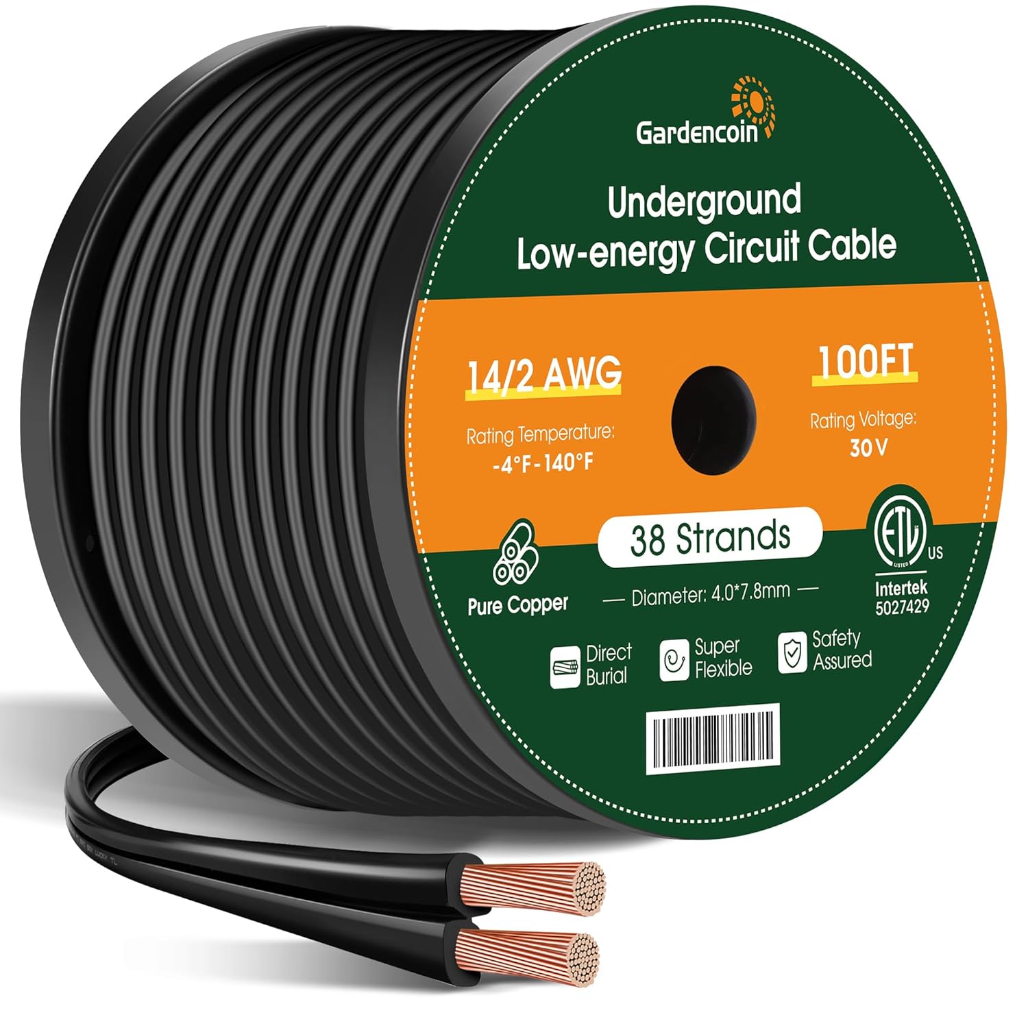 Gardencoin 12/2 Low Voltage Landscape Lighting Wire 250FT, 12 Gauge 2 Conductor Outdoor Direct Burial Electrical Cable, Pure Copper, ETL Listed