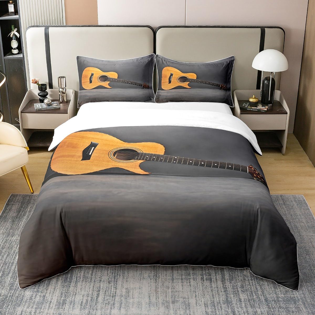 Homemissing Guitare Housse de Couette 100% Coton 140x200cm Taille Rock Musique Parure de lit Enfants Garçons Filles Ados Chambre décoration Musique Literie Set Guitare Instrument Ensemble literie