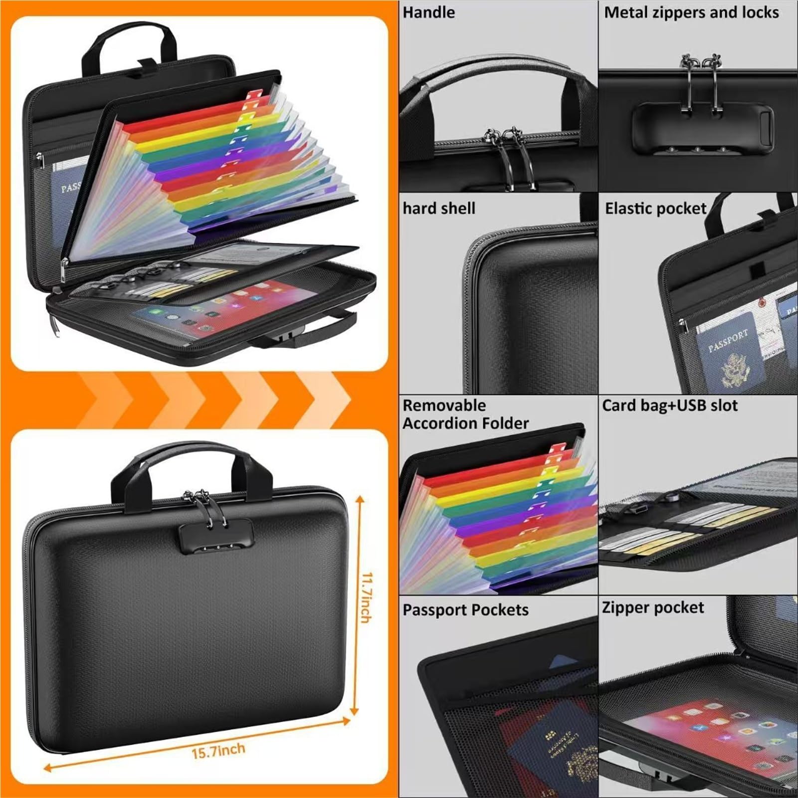 Porta Documenti Hard-Shell Document Organizer Case | 13-Pocket Accordion File Folder Box with Lock, for Important Papers