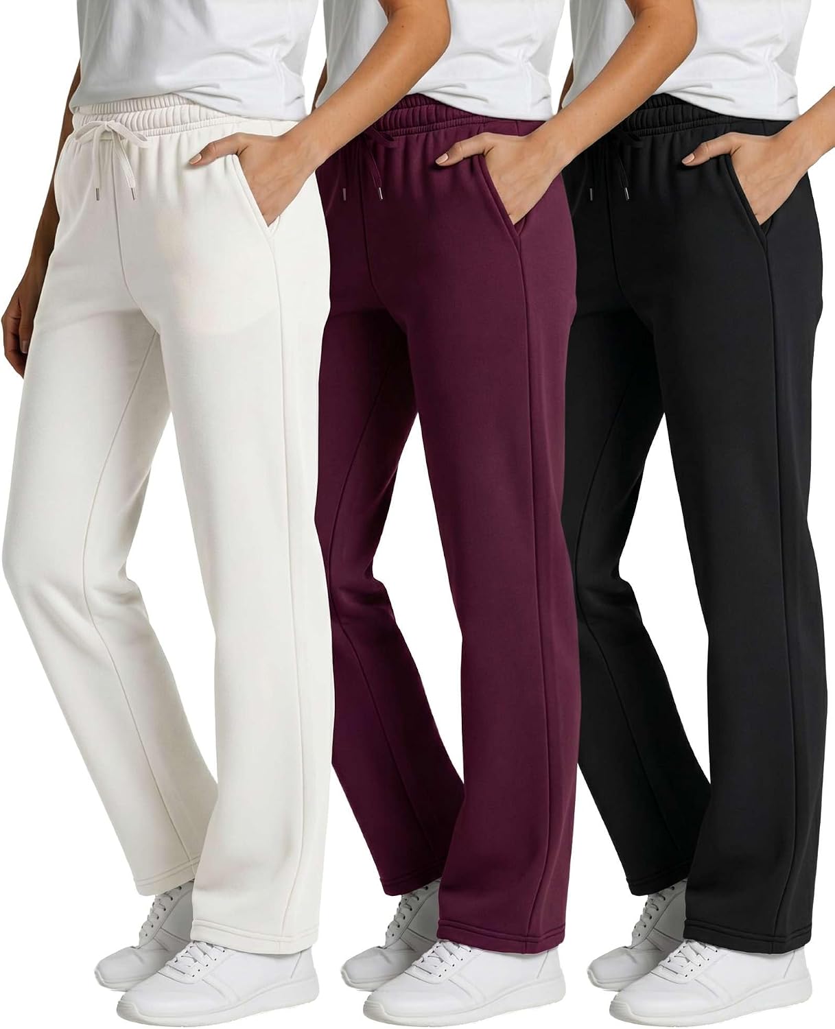 Real Essentials 3 Pack: Women's Relaxed Fit Fleece Open Bottom Sweatpants - Casual Athleisure (Available in Plus)