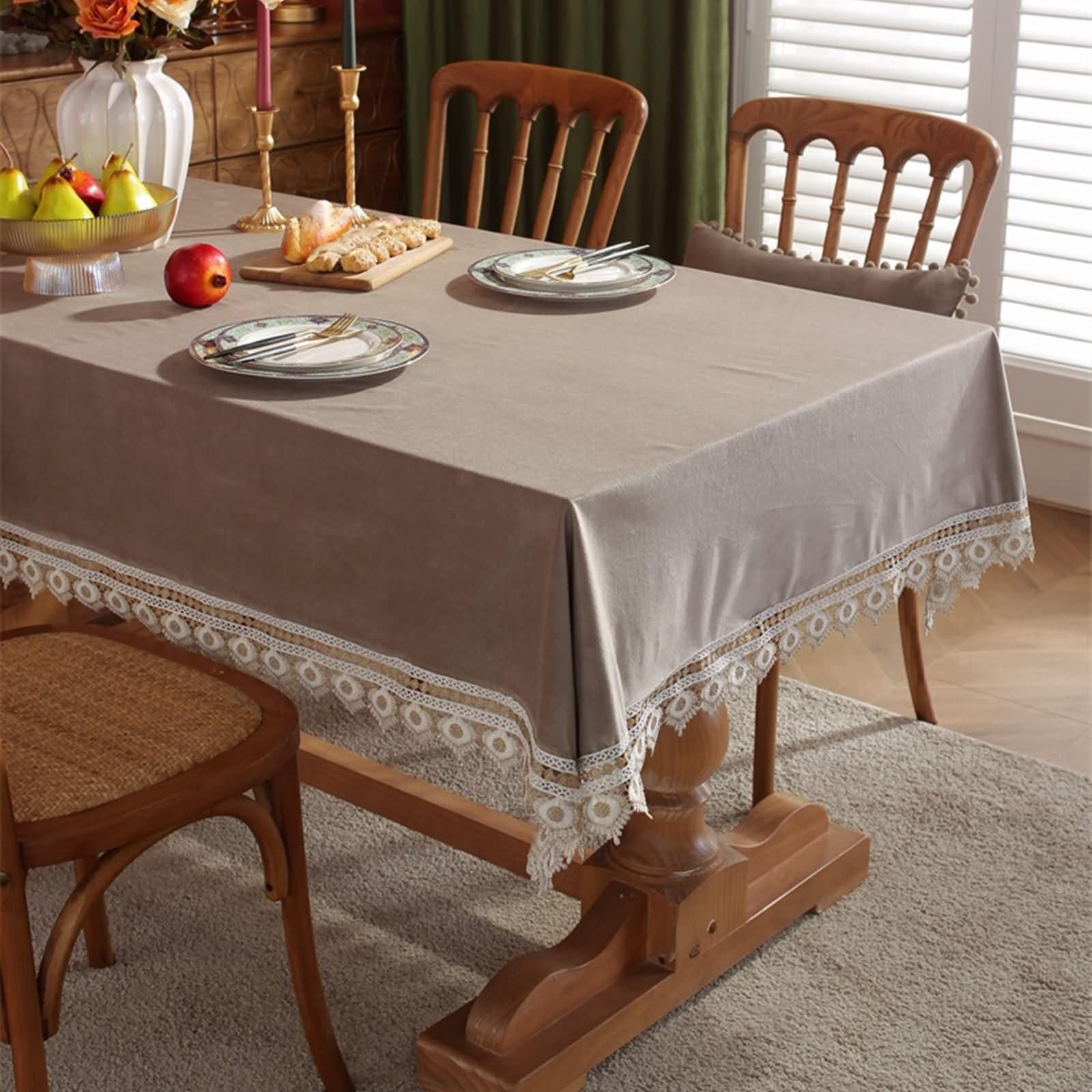 Mantel Rectangular Antimanchas Color Sólido con Encaje Mantel Poliéster Mesa Gris,140x260CM