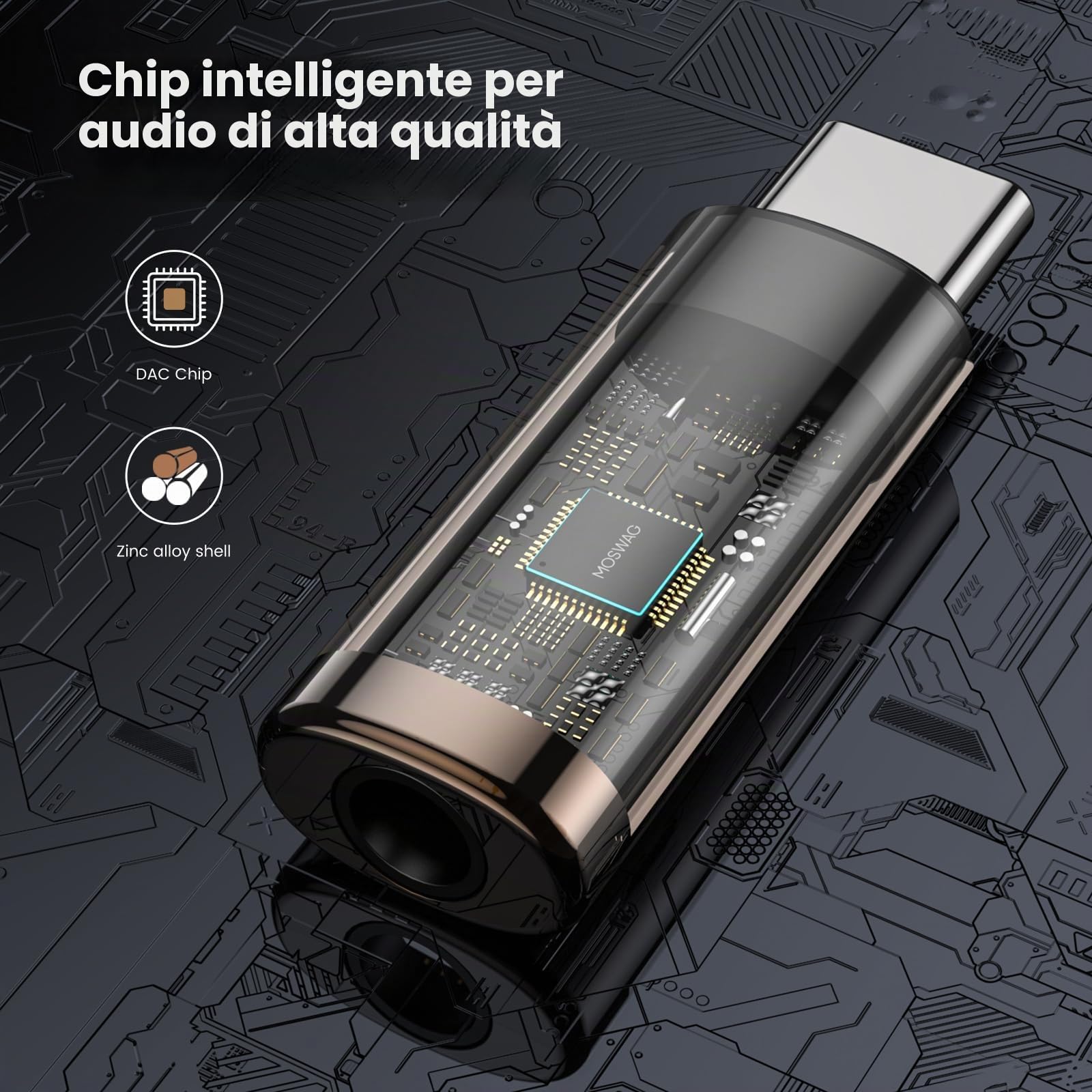 MOSWAG Adattatore USB C Jack con DAC Integrato, da USB C a 3,5 mm in Lega di Zinco