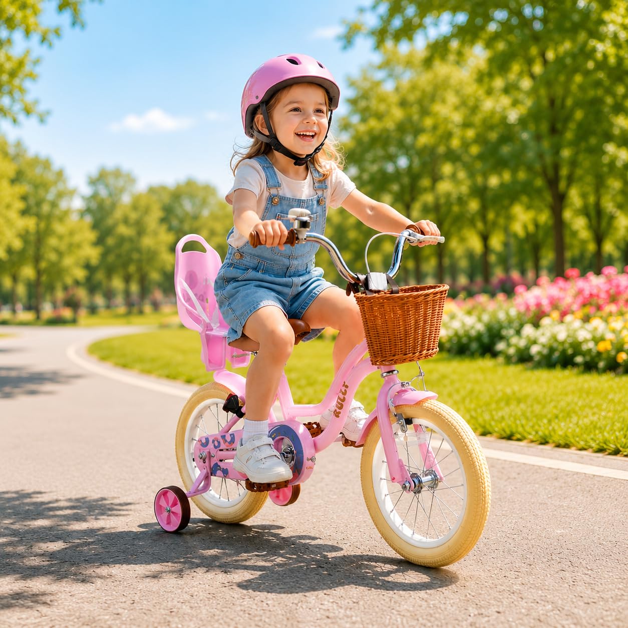 RULLY Bicicletta Bambina con Rotelle, Cestino e Seggiolino per Bambola, Sella Regolabile, per 2–7 Anni, Rosa/Viola/Blu