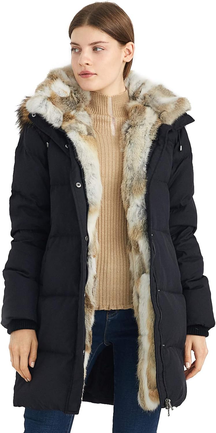 Escalier Womens Winter Down Coat with Real Raccoon Fur