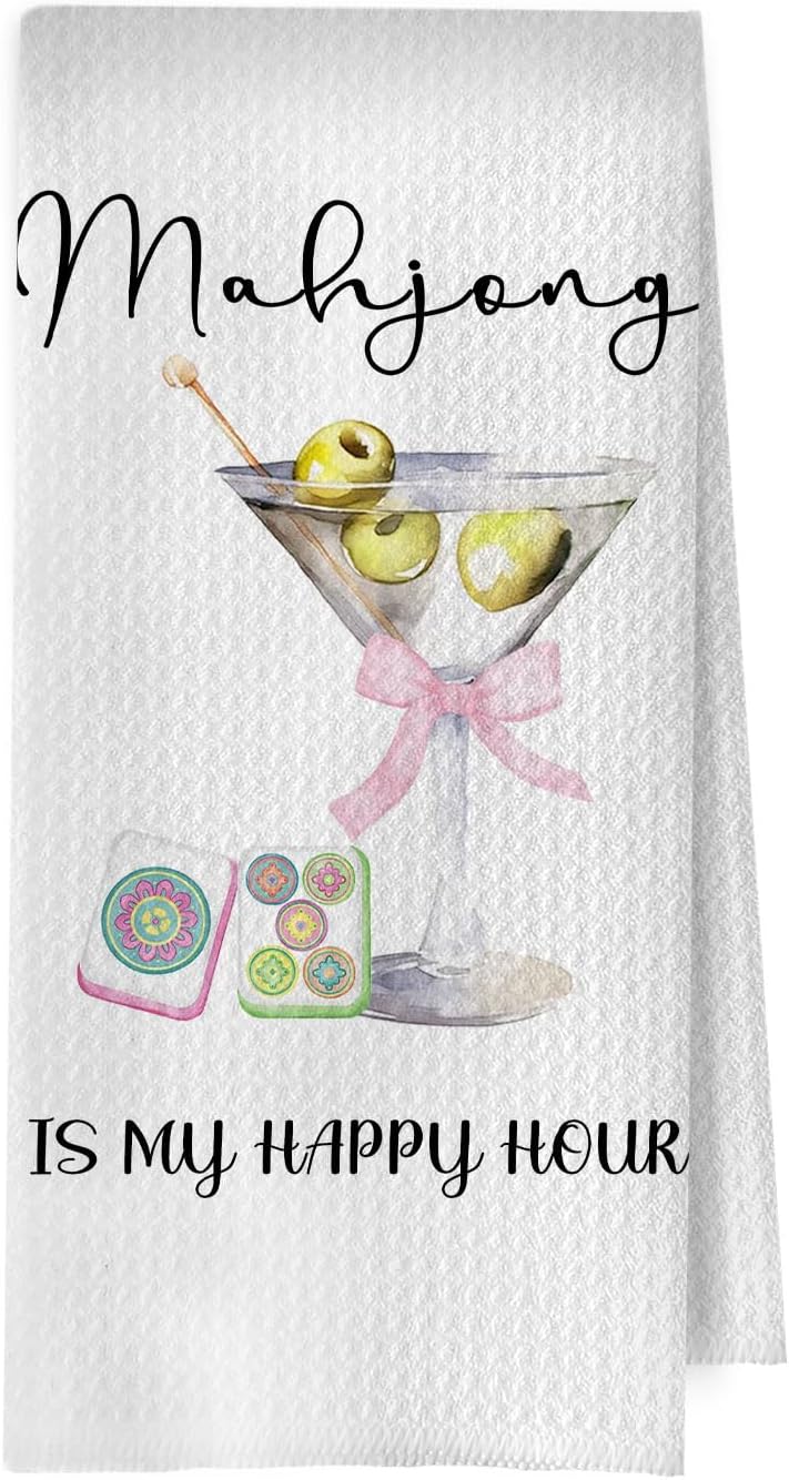 Mahjong Martini Kitchen Towels - Coquette Cocktail Gifts Decorative Dish Towels, Mahjong Gifts Hand Towel, Pink Bow Alcohol Mah Jong Tea Towel, 16x24 Inch