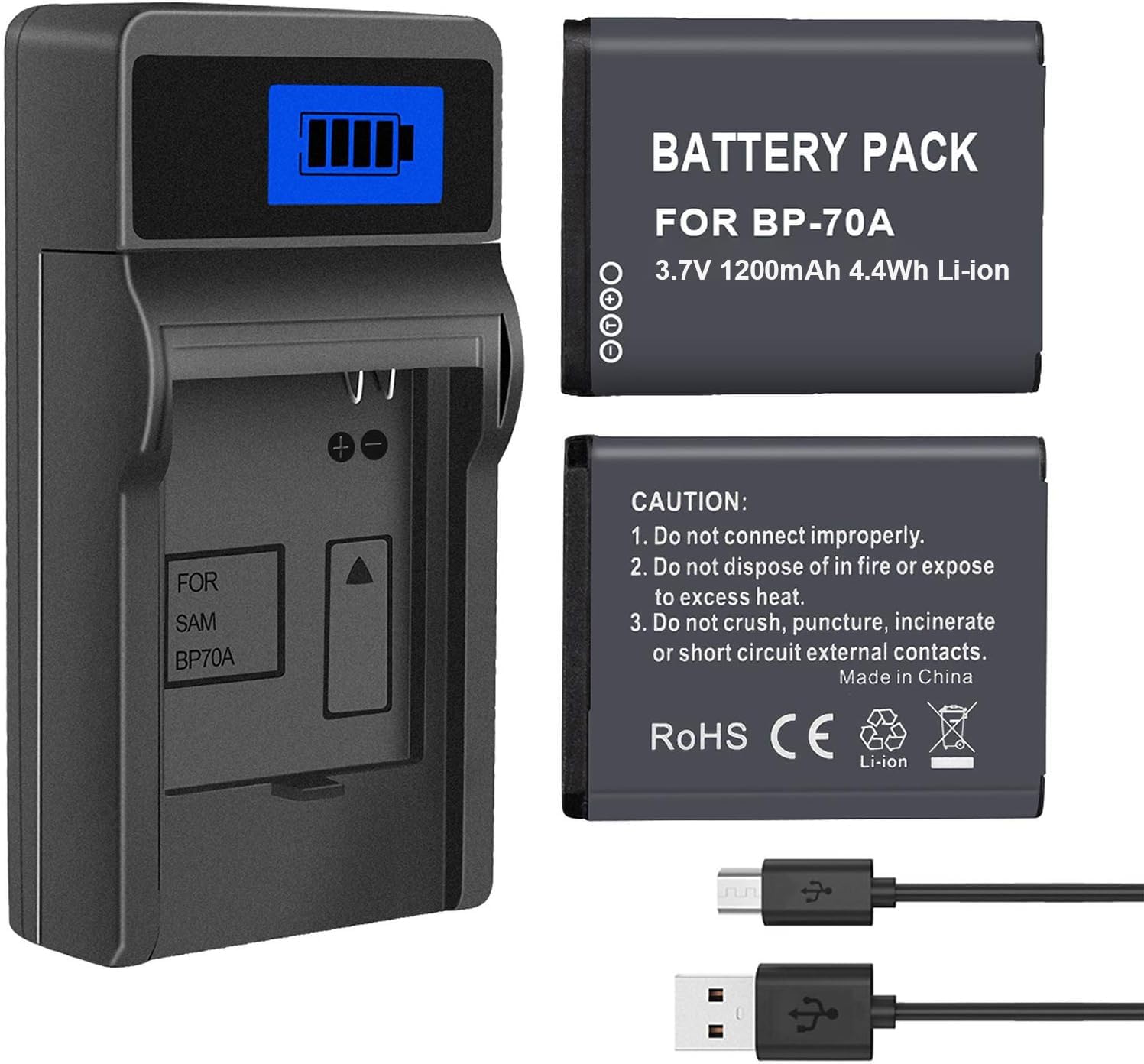 CITYORK 2 Pack BP 70A Replacent Battery with Charger for Samsung DV150F, ES65, ES70, ES80, MV800, PL120, PL170, PL20, PL200, PL80, SL50, SL600, SL605, SL630, ST65, ST66, ST76, ST80, ST90, ST95