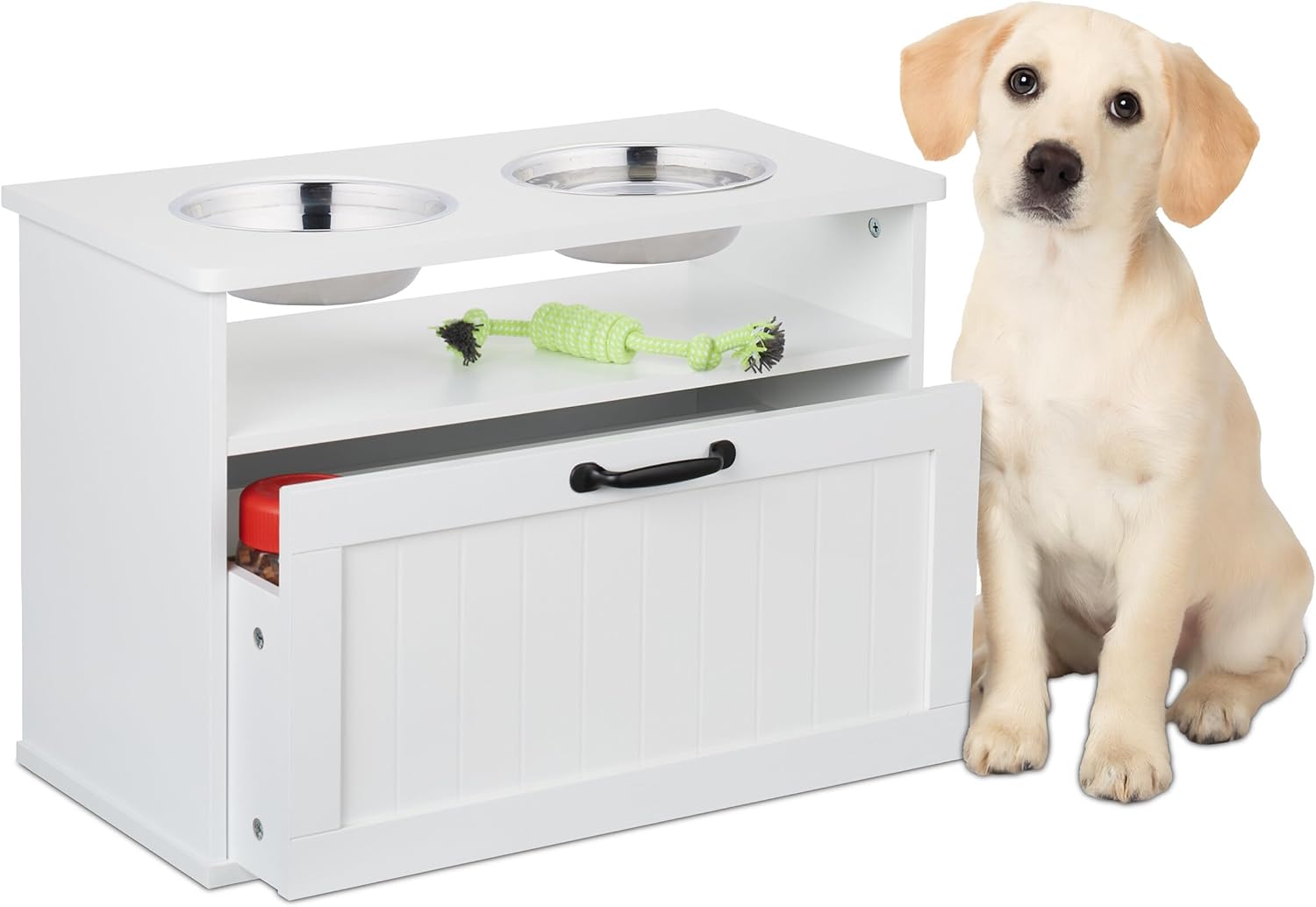 Relaxdays Ciotole Rialzate per Cani con Armadietto, Cassetto con 2 Scodelle in Acciaio, HxLxP: 42x60x30 cm, MDF, Bianco