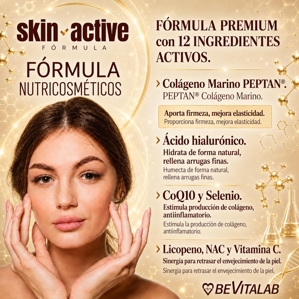 SKIN ACTIVE Suplemento para Piel Joven y Radiante, Antiedad con Colágeno Marino, Ácido Hialurónico, CoQ10, Biotina, Zinc y Vitamina C – Nutricosmetico – Hidratada y Reafirmara – 60 Cápsulas