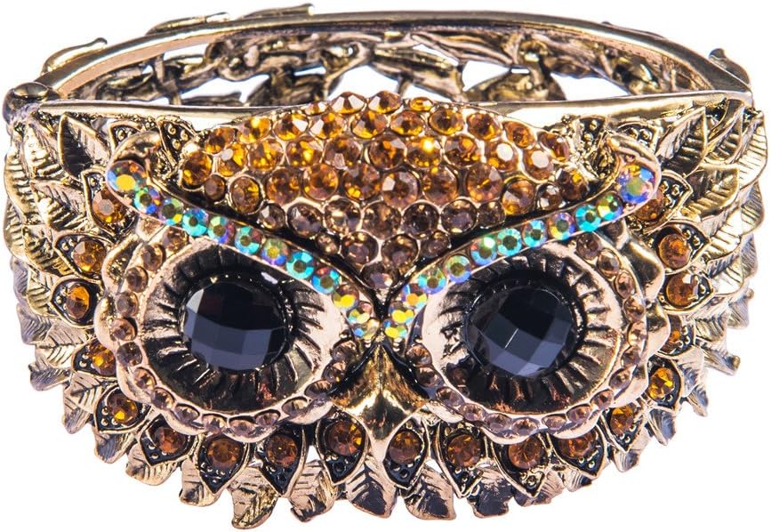 Alilang Owl Face Bracelet Antique Bird Crystal Rhinestone Costume Cuff Bangle