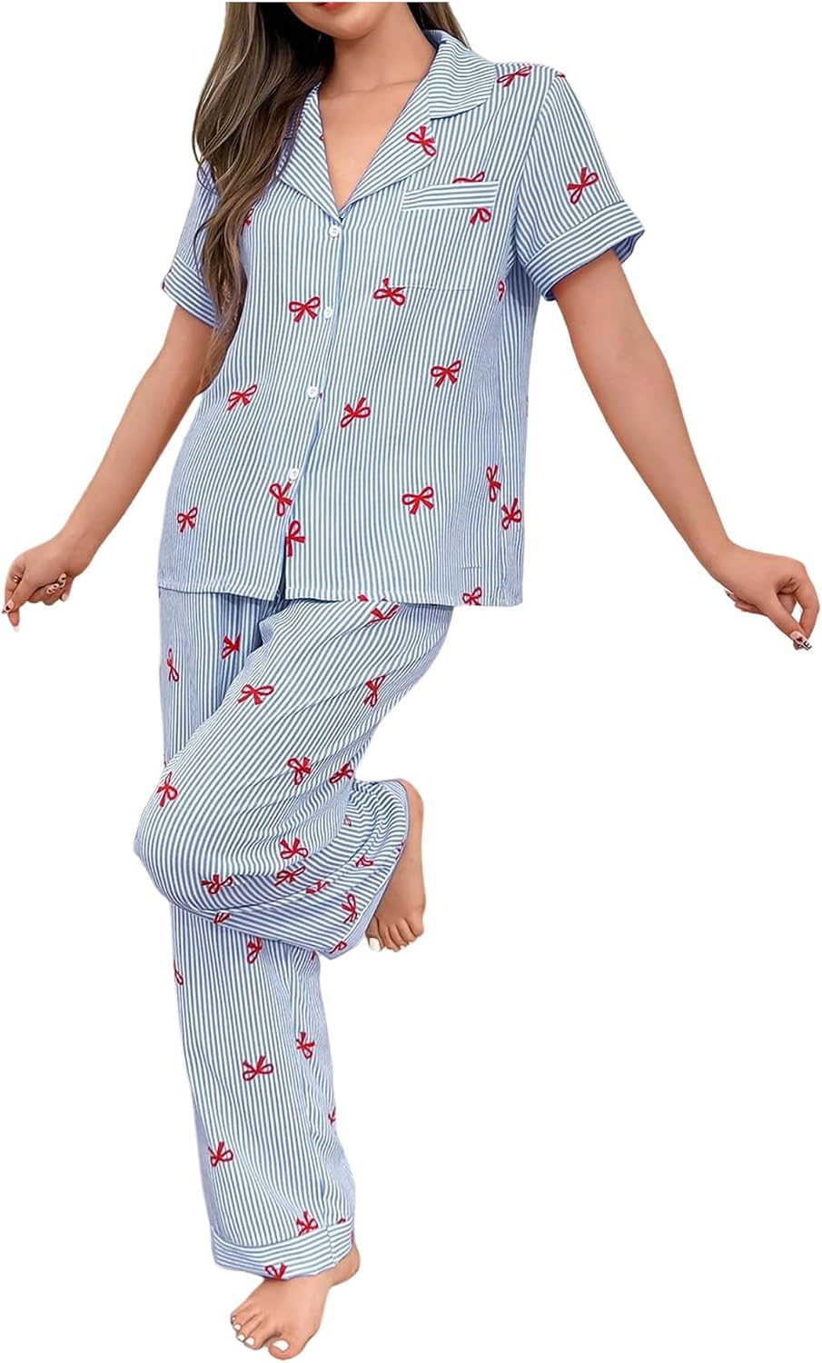 WDIRARA Women's 2 Piece Stripe Button Front Pocketed Shirts and Pants Ruffled Hem Pajama Set