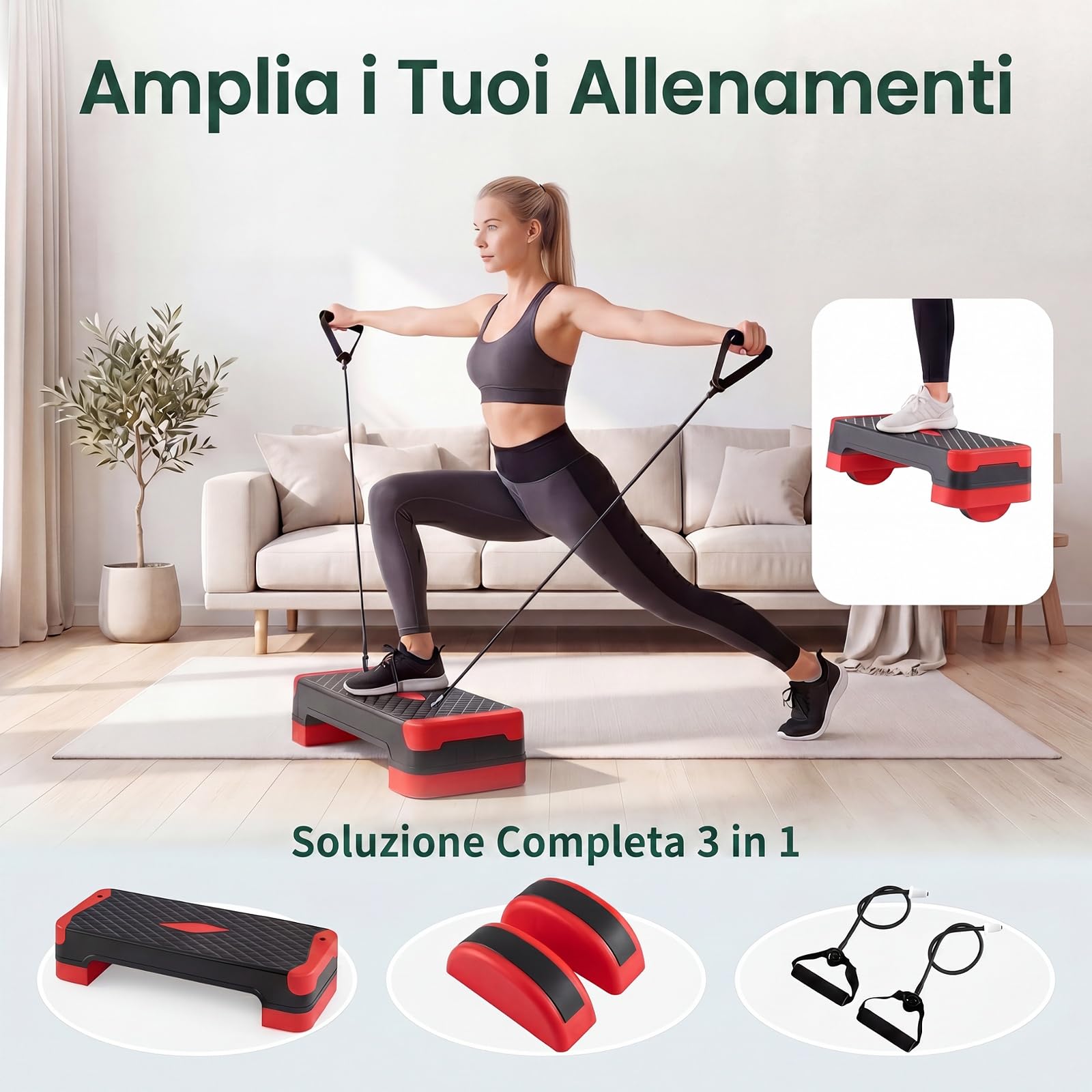 GYMAX Stepper Aerobica 3 in 1, Step Fitness con Corda Elastica