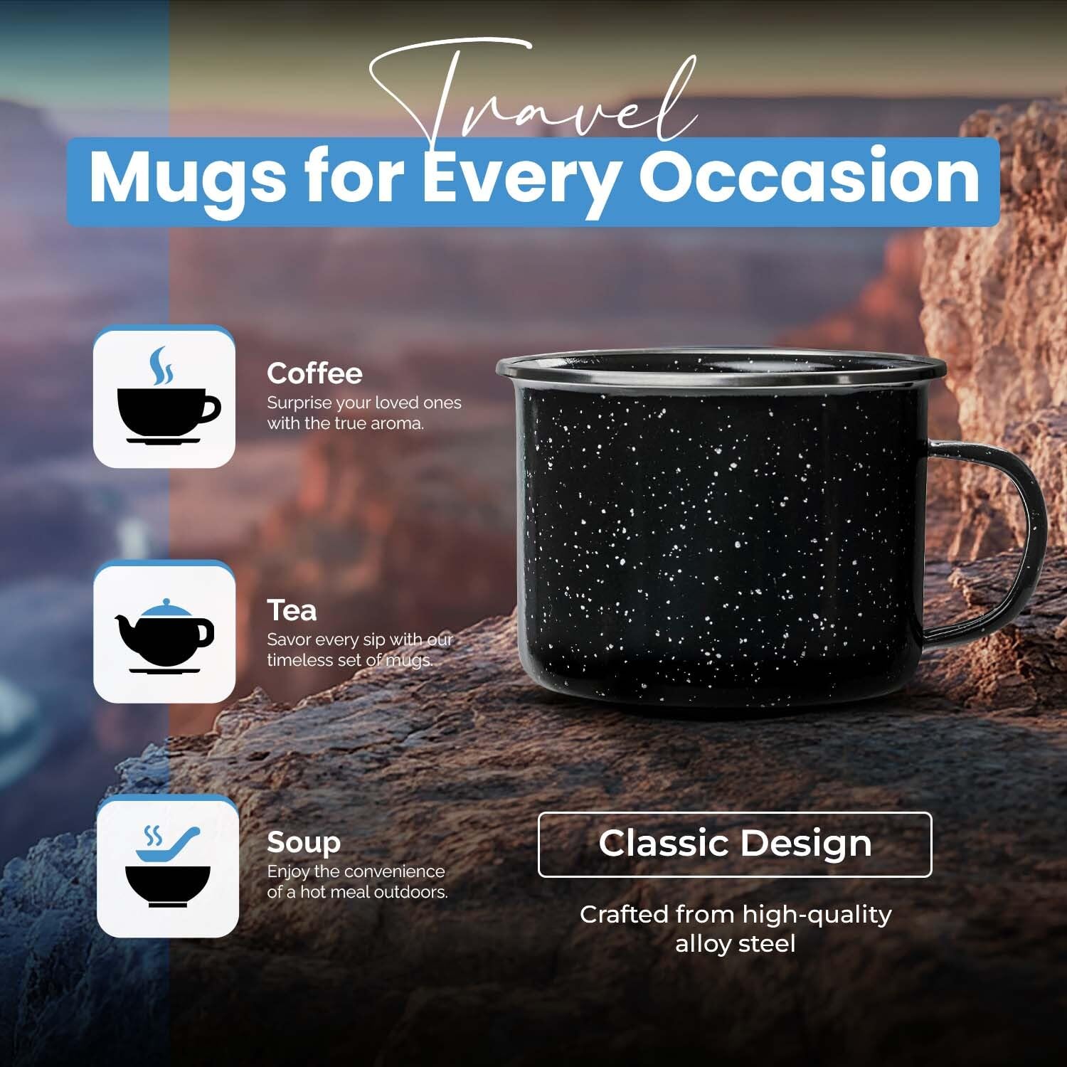 Amazon.com : Toughty Enamel Camping Mug  Retro Vintage Campfire Tin Cup,  Rustic Backpacking Mug for Hiking, Coffee, Farmhouse, Diner, Hot Drinks,  Tinware, and Backpacking Gear  Set of 4  Black